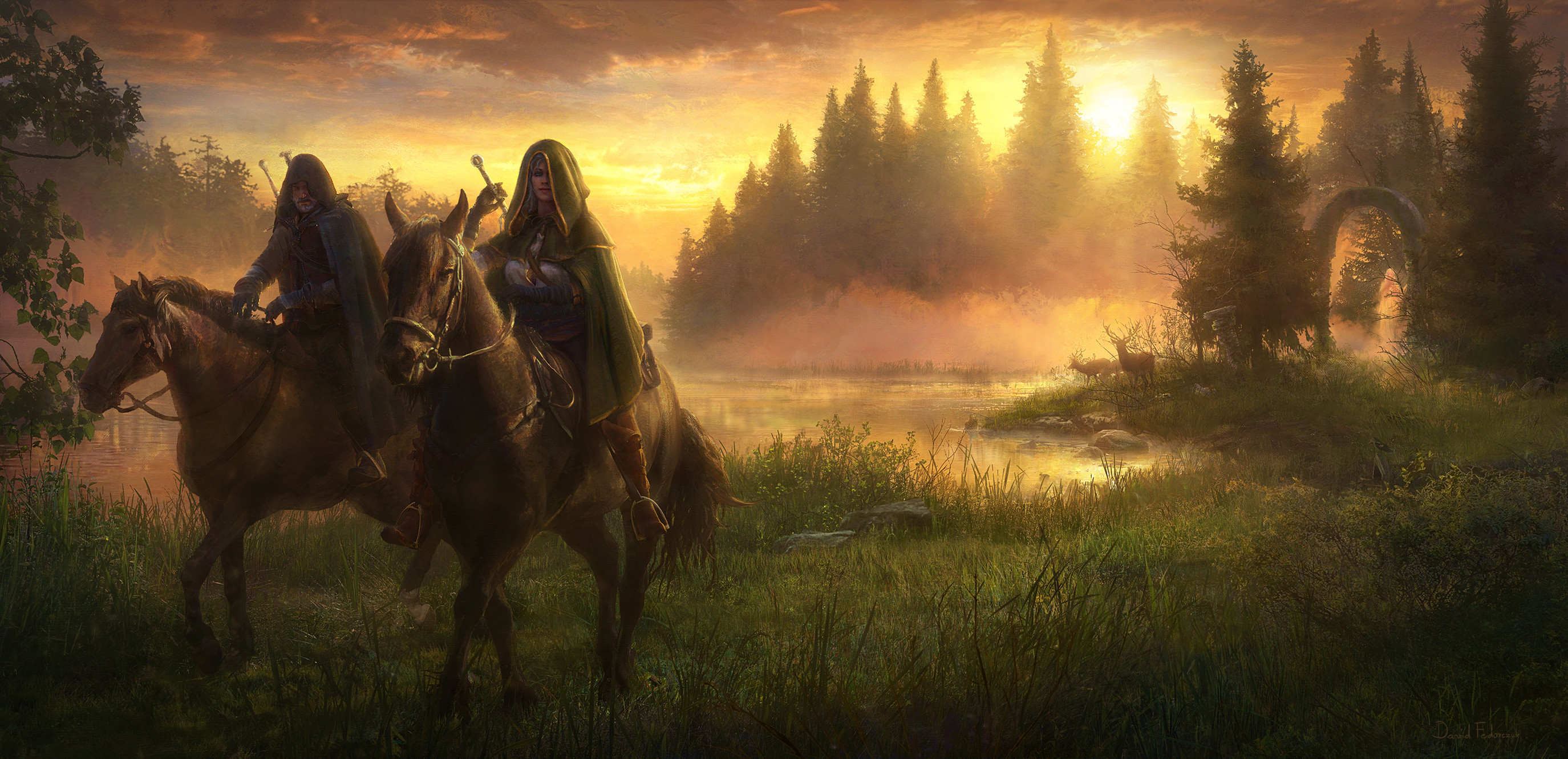 General 2749x1331 Cirilla Fiona Elen Riannon Geralt of Rivia The Witcher horse forest David Fedorczuk digital art
