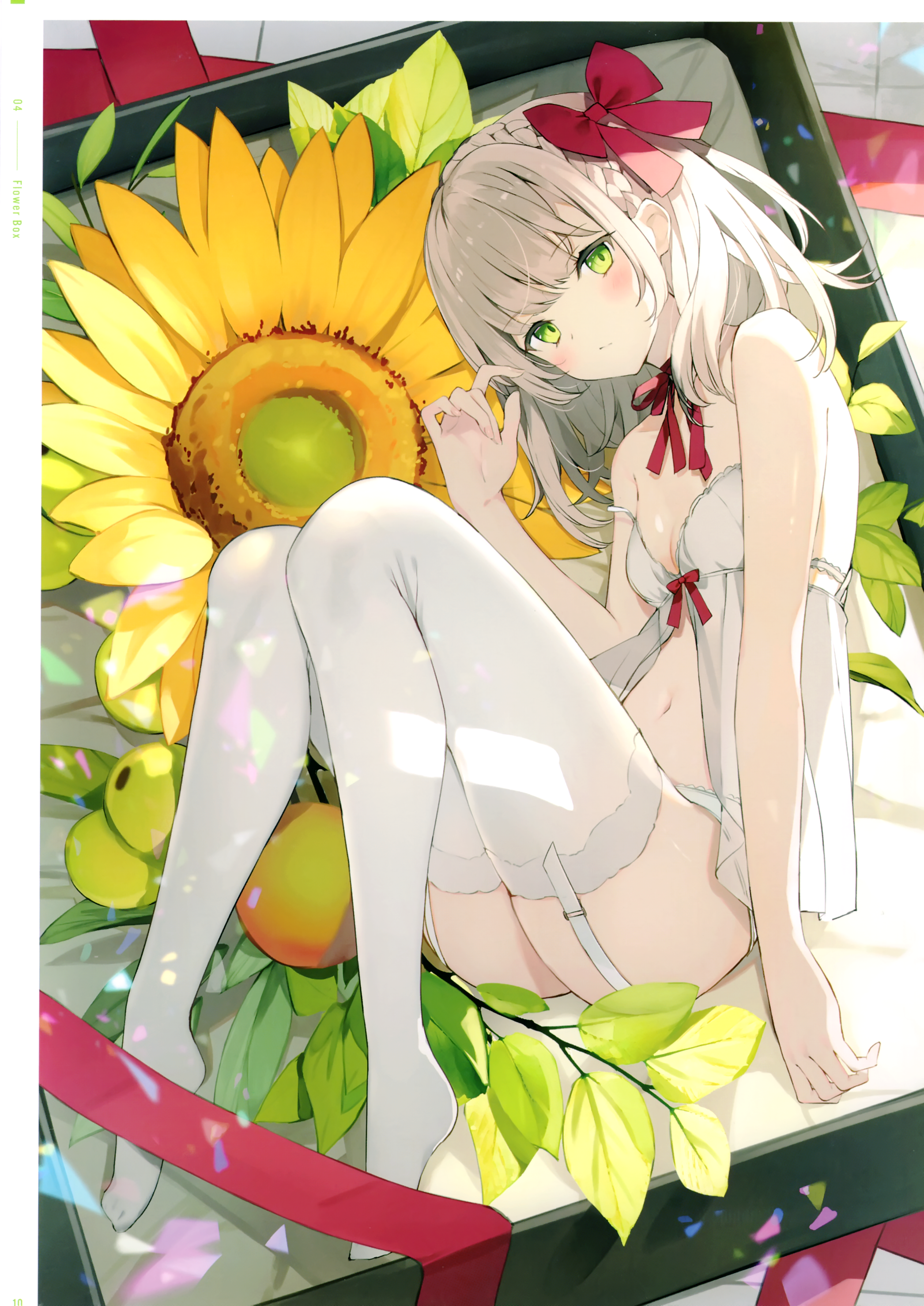 Anime 2093x2958 anime anime girls digital art artwork 2D portrait display Ashima silver hair green eyes blushing thigh-highs garter straps lingerie sunflowers