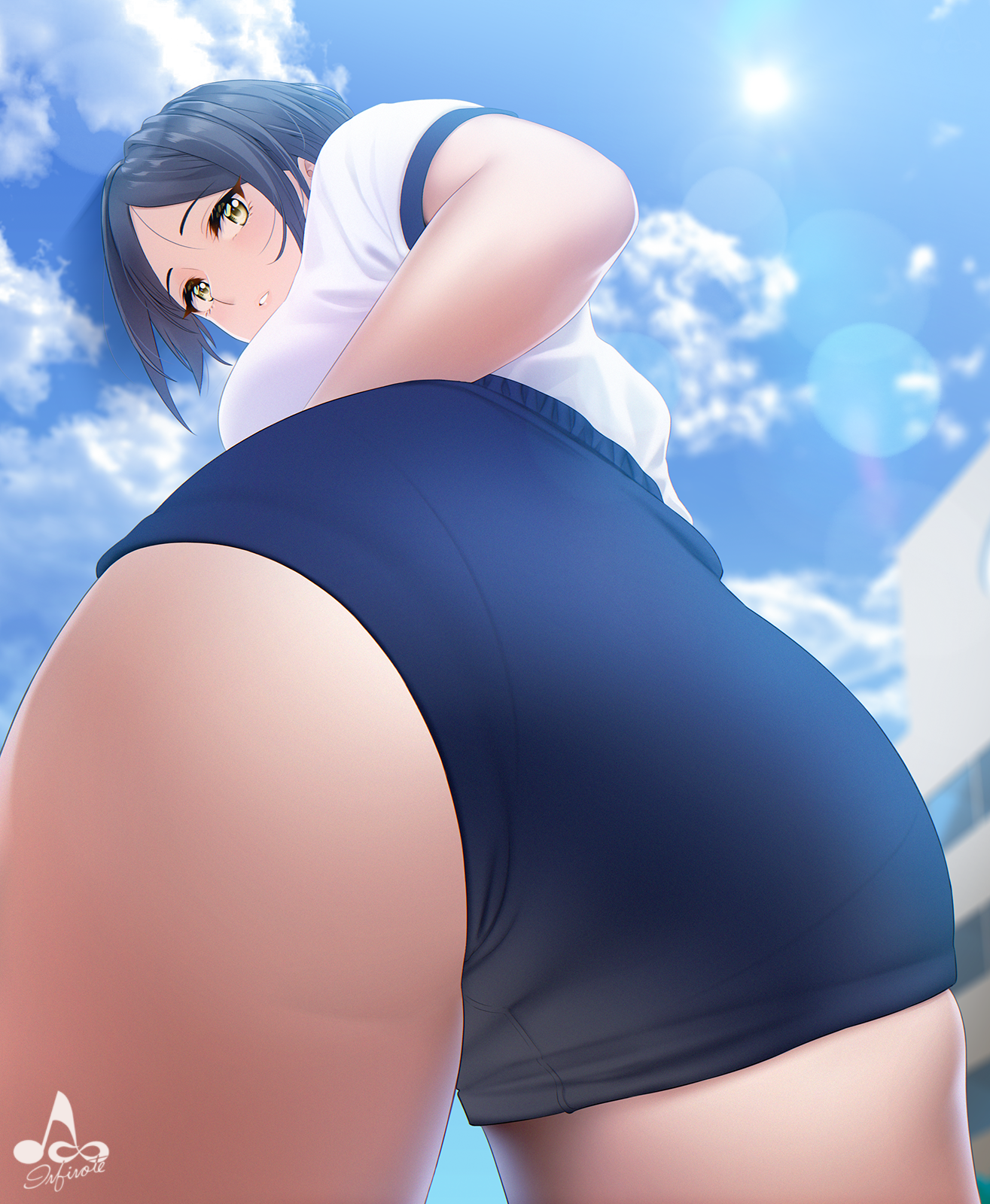 Anime 1315x1600 anime anime girls digital art artwork 2D portrait display infinote THE iDOLM@STER Hayami Kanade low-angle gym clothes ass sports shorts looking back looking below