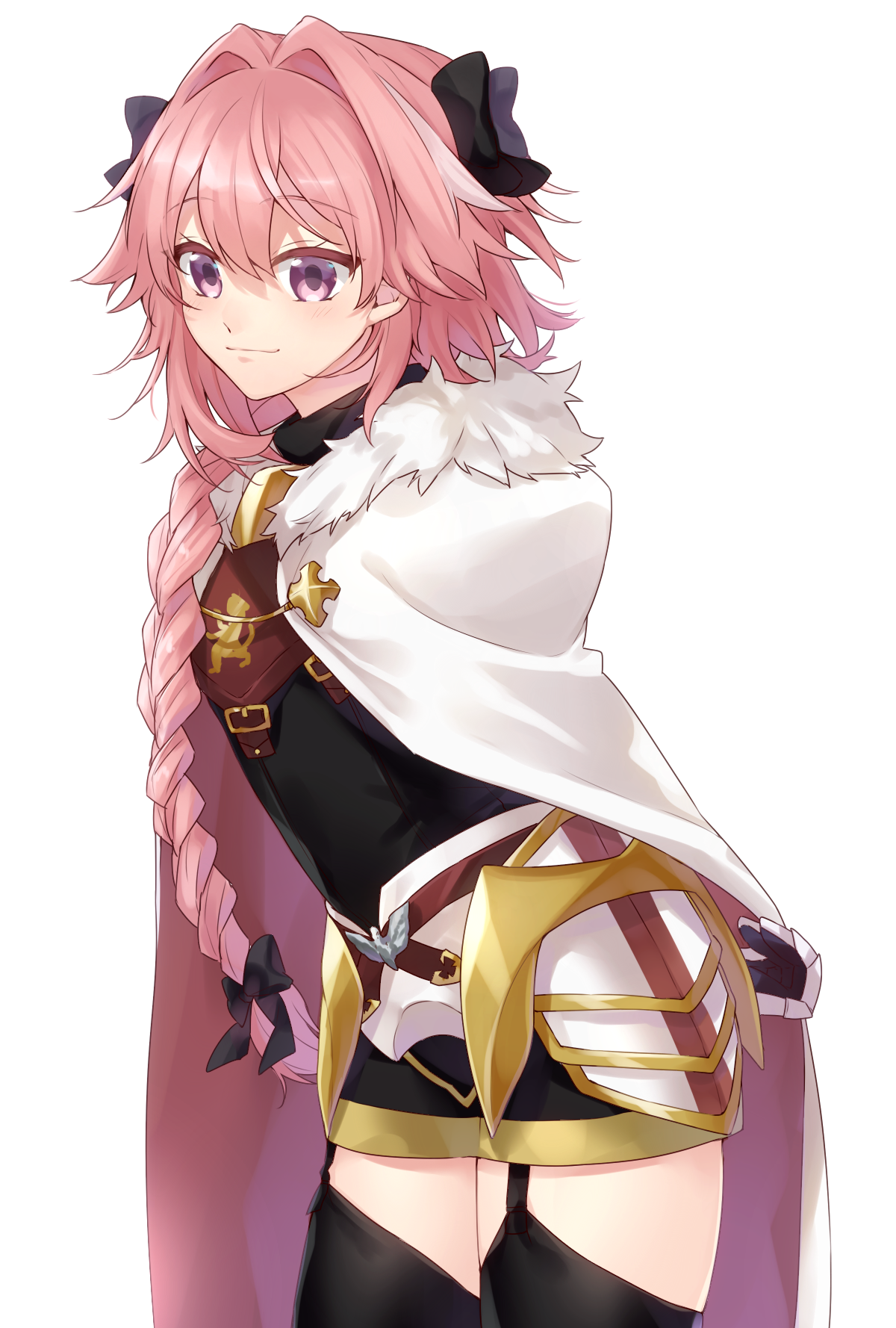 Anime 1200x1778 Fate series Fate/Grand Order Fate/Apocrypha  anime boys 2D portrait display smiling thighs long hair pink hair femboy braids black stockings Astolfo (Fate/Apocrypha) pink eyes fan art armor simple background Citron 82