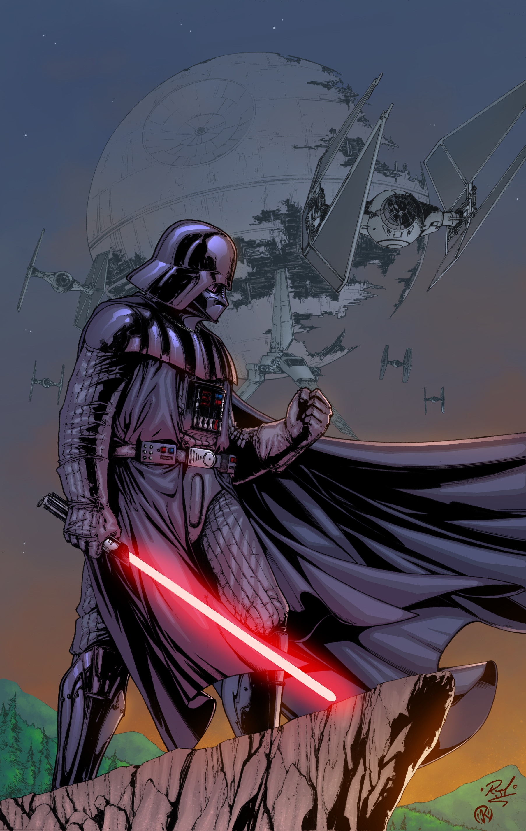 General 1805x2850 Maksim Strelkov comic art Star Wars Darth Vader lightsaber Death Star TIE Fighter men cape helmet Sith