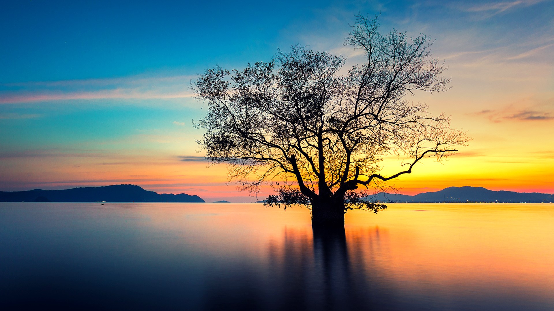 General 1920x1080 nature landscape trees lake mountains clouds sky sunset water branch lights Thailand dusk