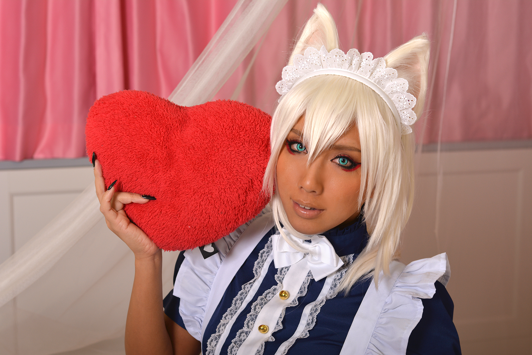 People 1800x1200 Japanese women Japanese women Asian gravure NonSummerJack women indoors cosplay heart cat girl animal ears painted nails makeup maid outfit tanned