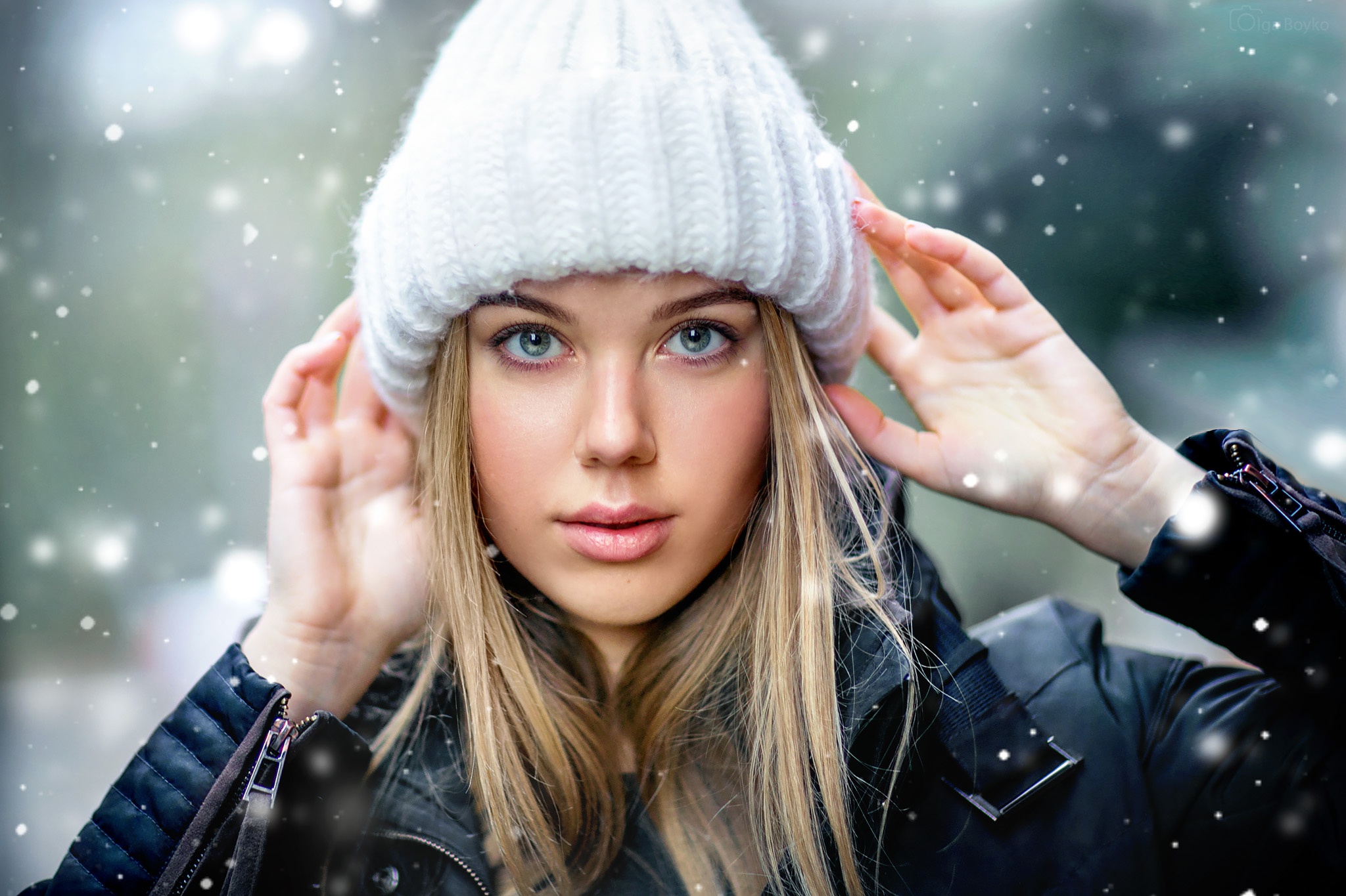 People 2048x1365 blonde portrait snow winter cold women outdoors hat face women wool cap jacket black jackets white cap leather jacket young women zipper Caucasian open mouth looking at viewer