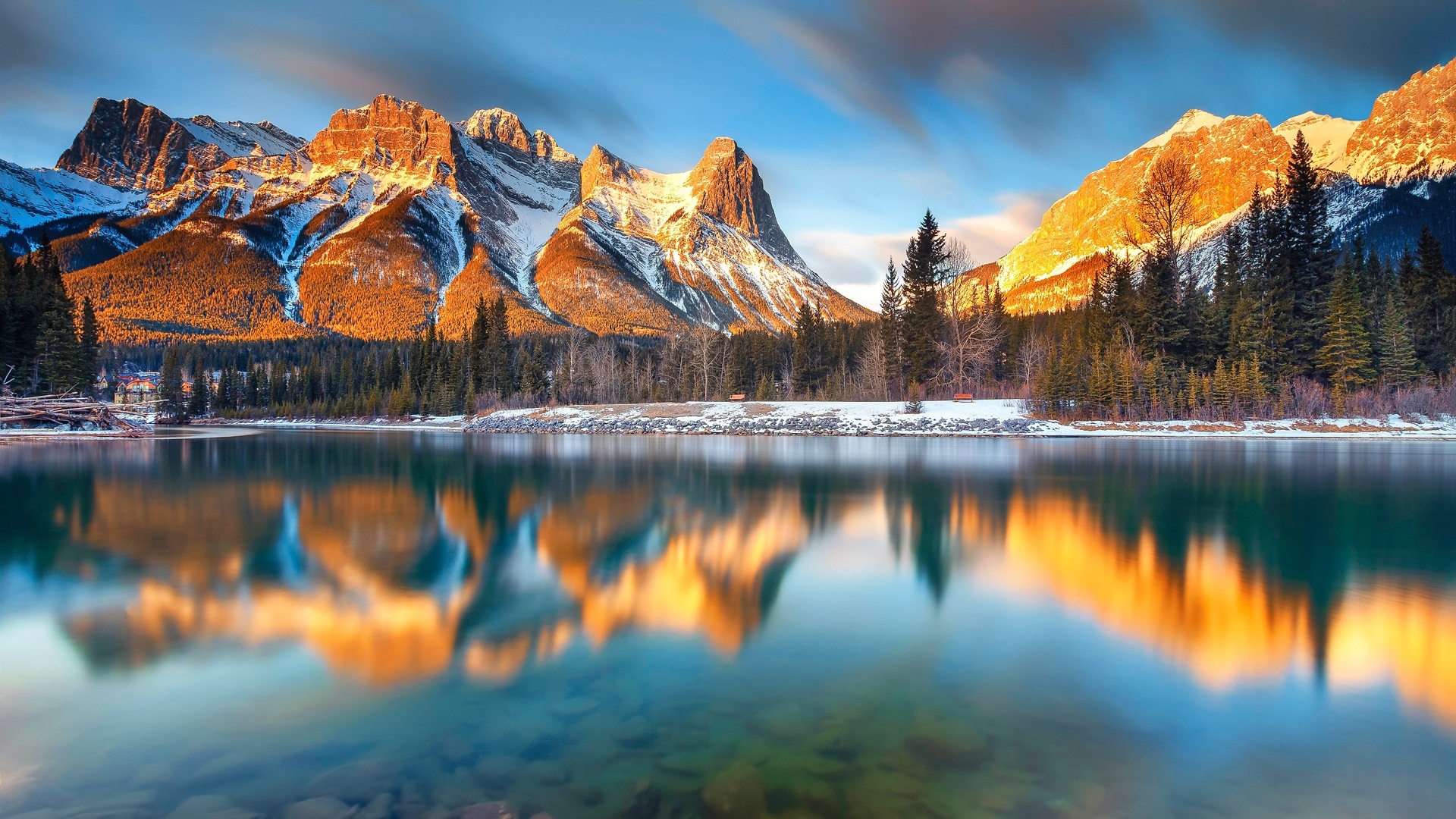 General 1920x1080 Canada Alberta lake reflection mountains rocks sky clouds forest trees water snow morning sunlight