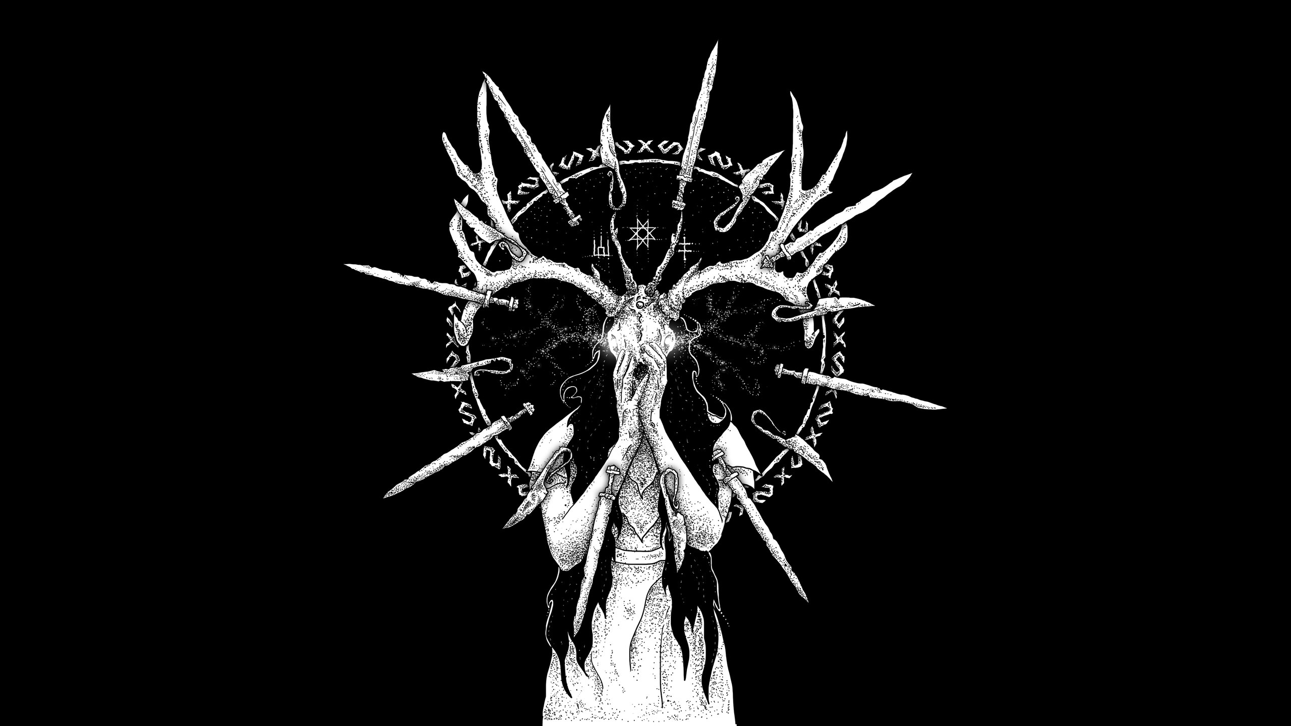 General 2560x1440 creature satanic horns skull bones sword dagger frontal view face palm black background halo simple background digital art