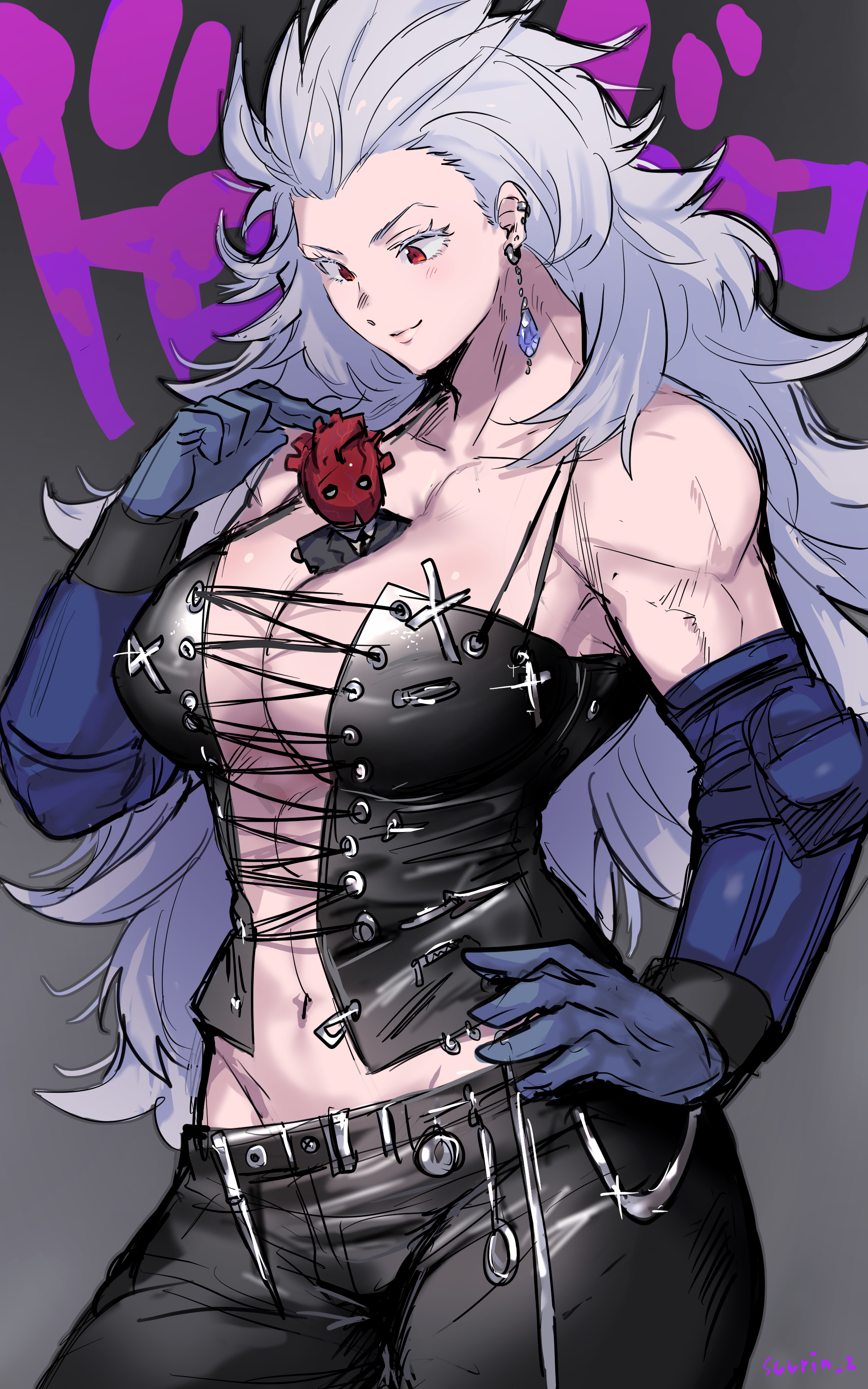 Anime 2000x3200 Dorohedoro anime girls simple background 2D long hair gray hair huge breasts black corset cleavage mask red eyes thighs abs biceps muscular belly button smiling kanji fan art pierced ear Noi (Dorohedoro) Shin (Dorohedoro) anime