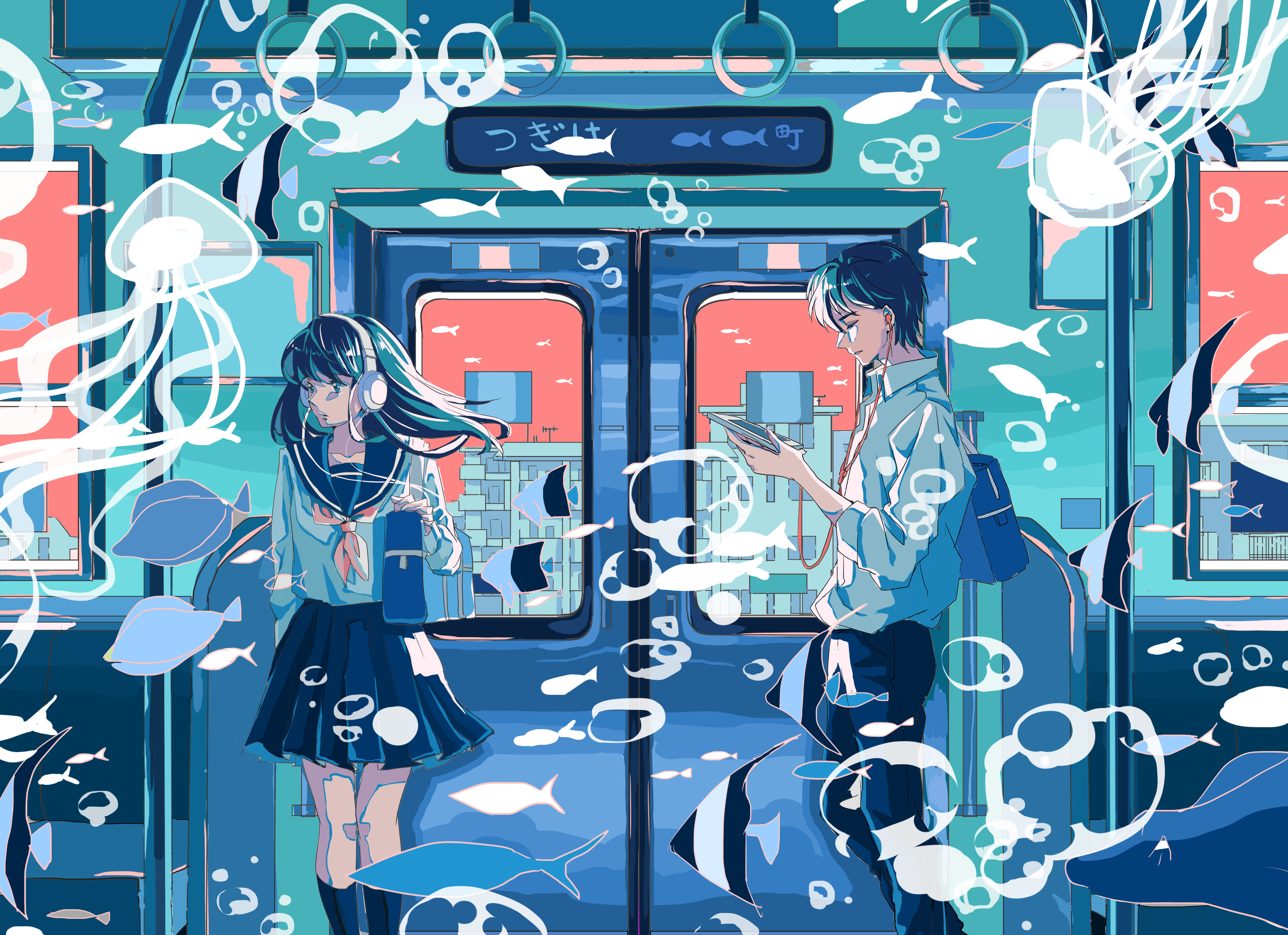 Anime 3911x2840 anime train school uniform headphones bubbles fish surreal Ichigoame