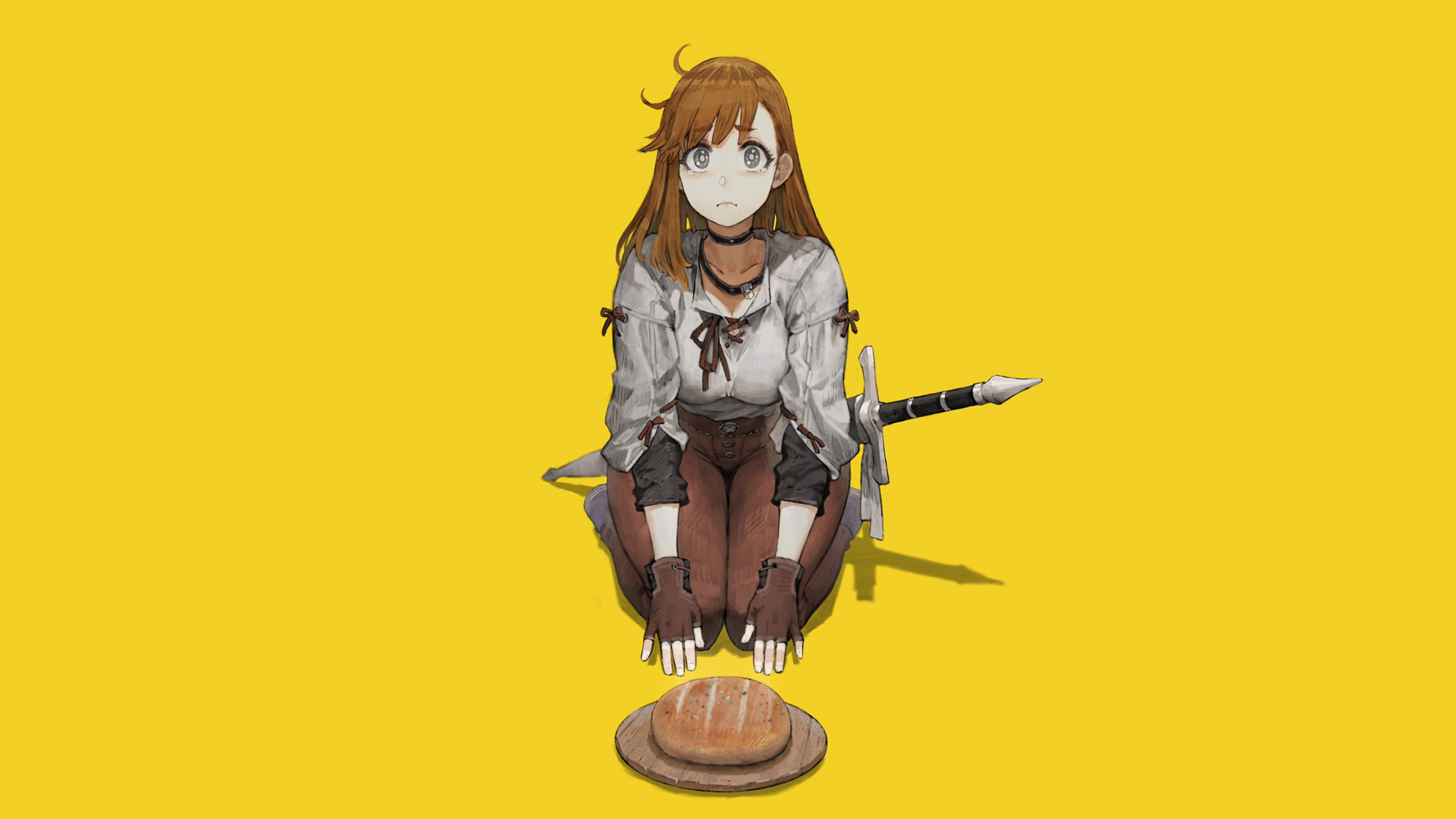 Anime 1920x1080 anime anime girls simple background bread sitting tears thighs sword looking at viewer yellow background frontal view