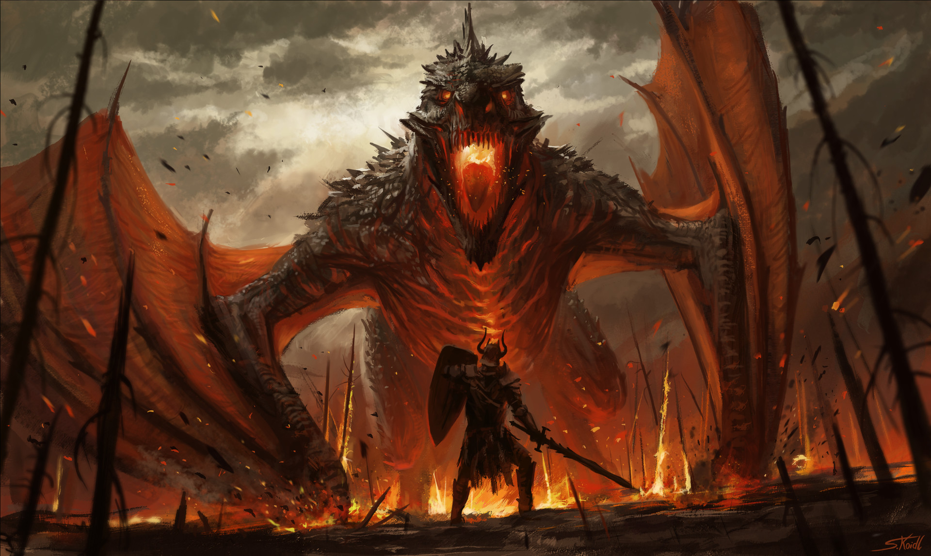 General 1920x1147 digital art warrior dragon fire giant Stefan Koidl low-angle