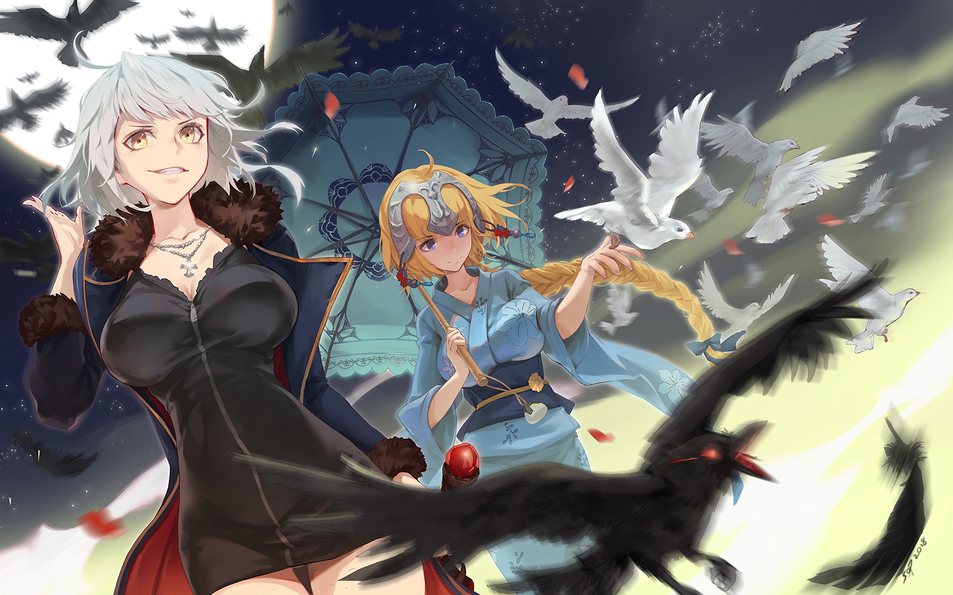Anime 3200x2000 Jeanne (Alter) (Fate/Grand Order) Fate series Fate/Grand Order yellow eyes blue eyes white hair long hair short hair crow dove umbrella Moon night sisters kimono anime girls video games blonde Jeanne d'Arc (Fate)