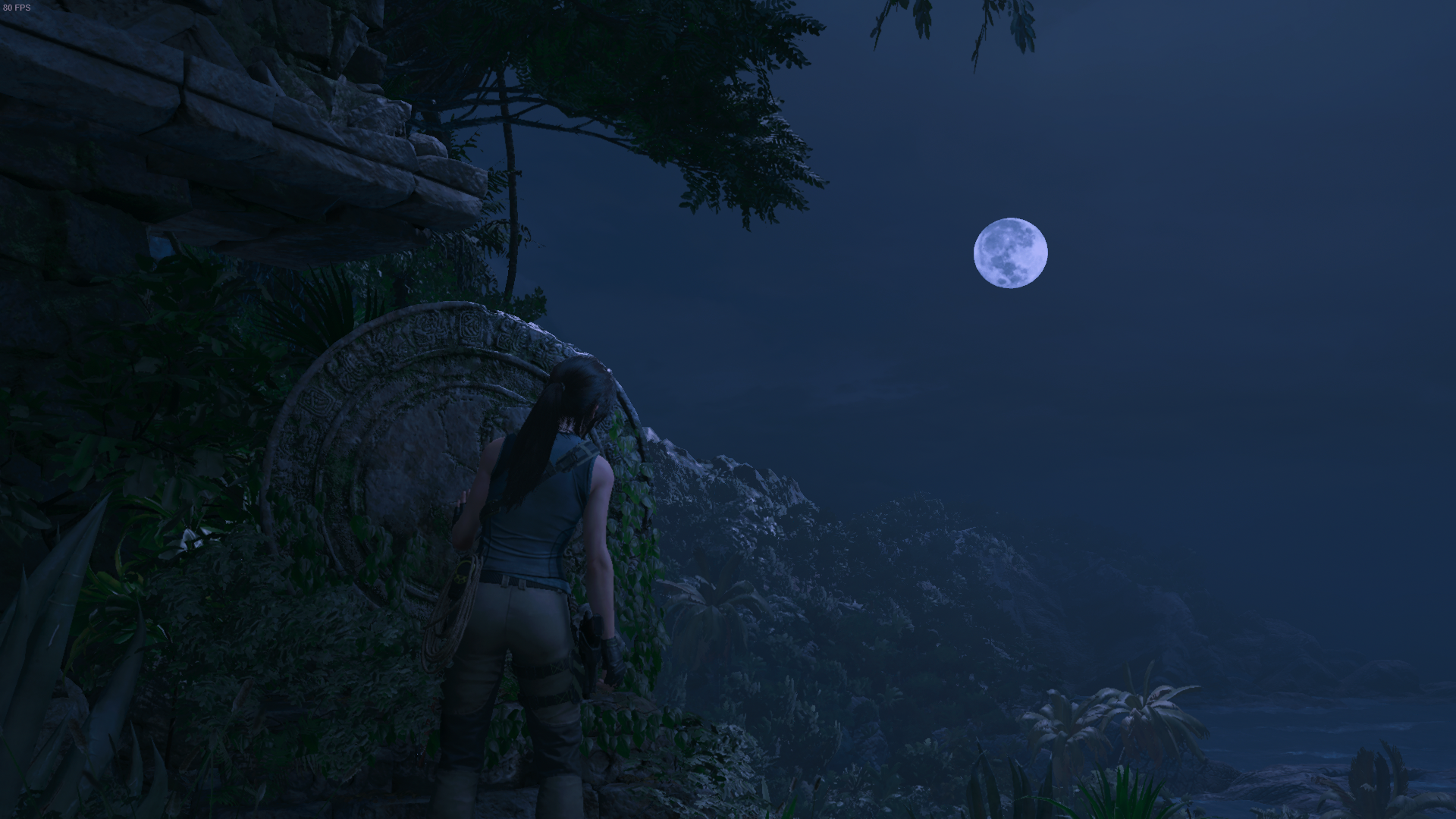 General 1920x1080 night Shadow of the Tomb Raider beach mountain top ponytail black hair Lara Croft (Tomb Raider) screen shot Moon video games PC gaming