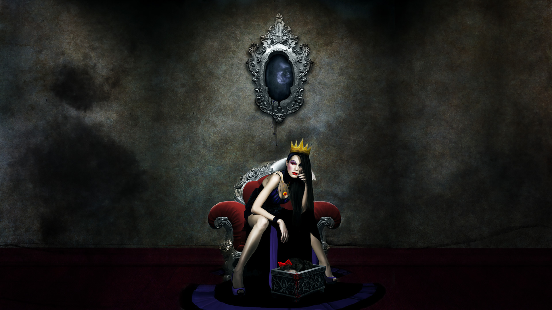 General 1920x1080 Snow White dark fantasy dark hair crown legs necklace fantasy girl fantasy art queen (royalty)
