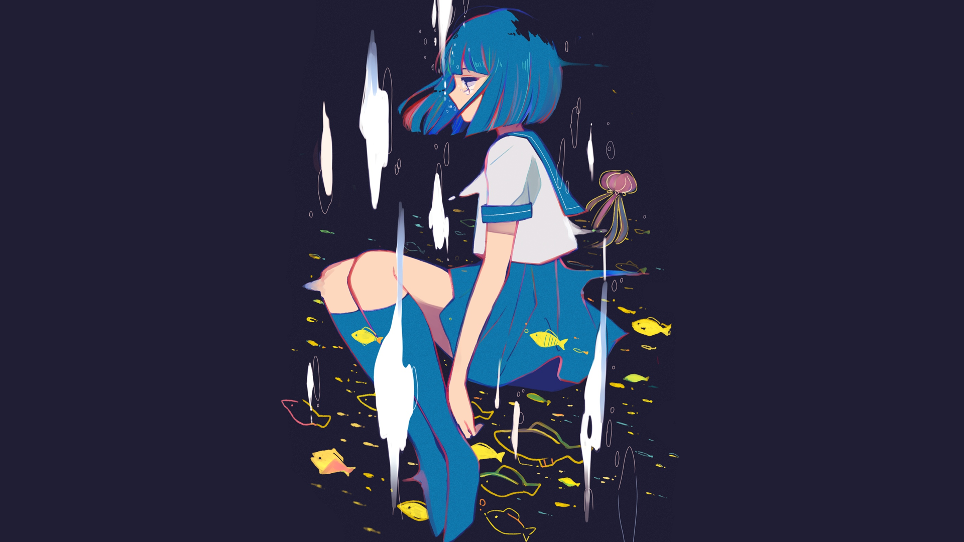 Anime 1920x1080 anime manga anime girls dark blue fish blue hair sailor uniform simple background