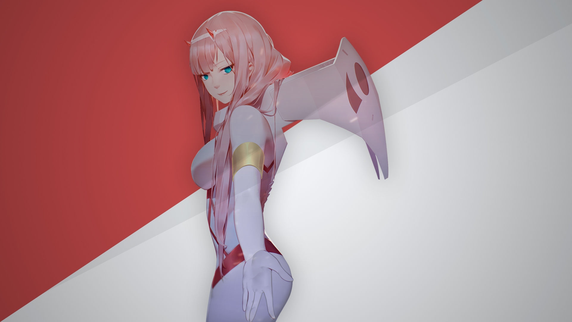 Anime 1920x1080 fan art anime anime girls Darling in the FranXX Zero Two (Darling in the FranXX) bodysuit cyberpunk futuristic science fiction women red background white background simple background sideboob boobs looking at viewer smiling