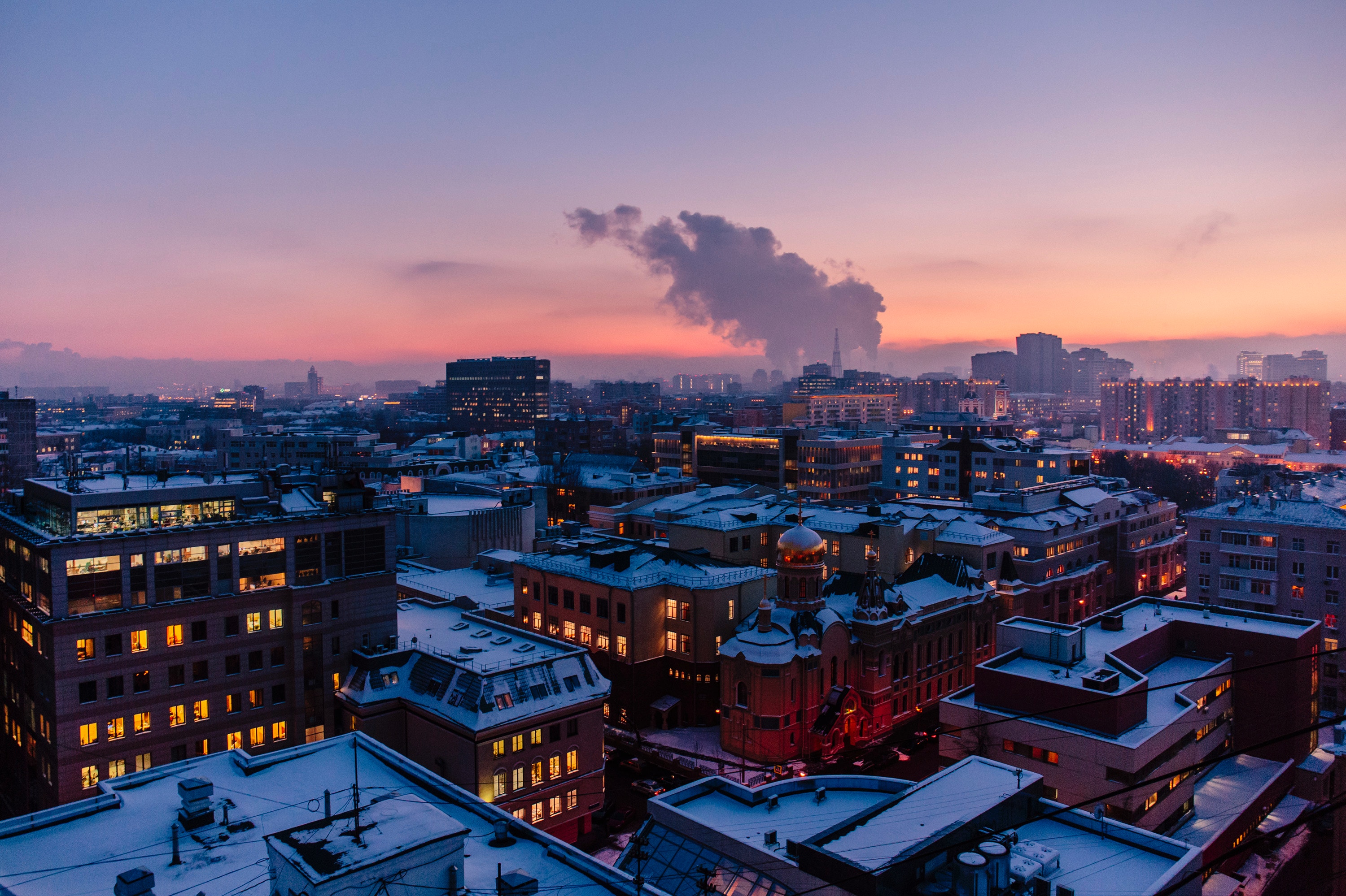 General 3000x1999 architecture building city cityscape snow winter evening smoke sunset lights Moscow Russia rooftops aerial view church city lights