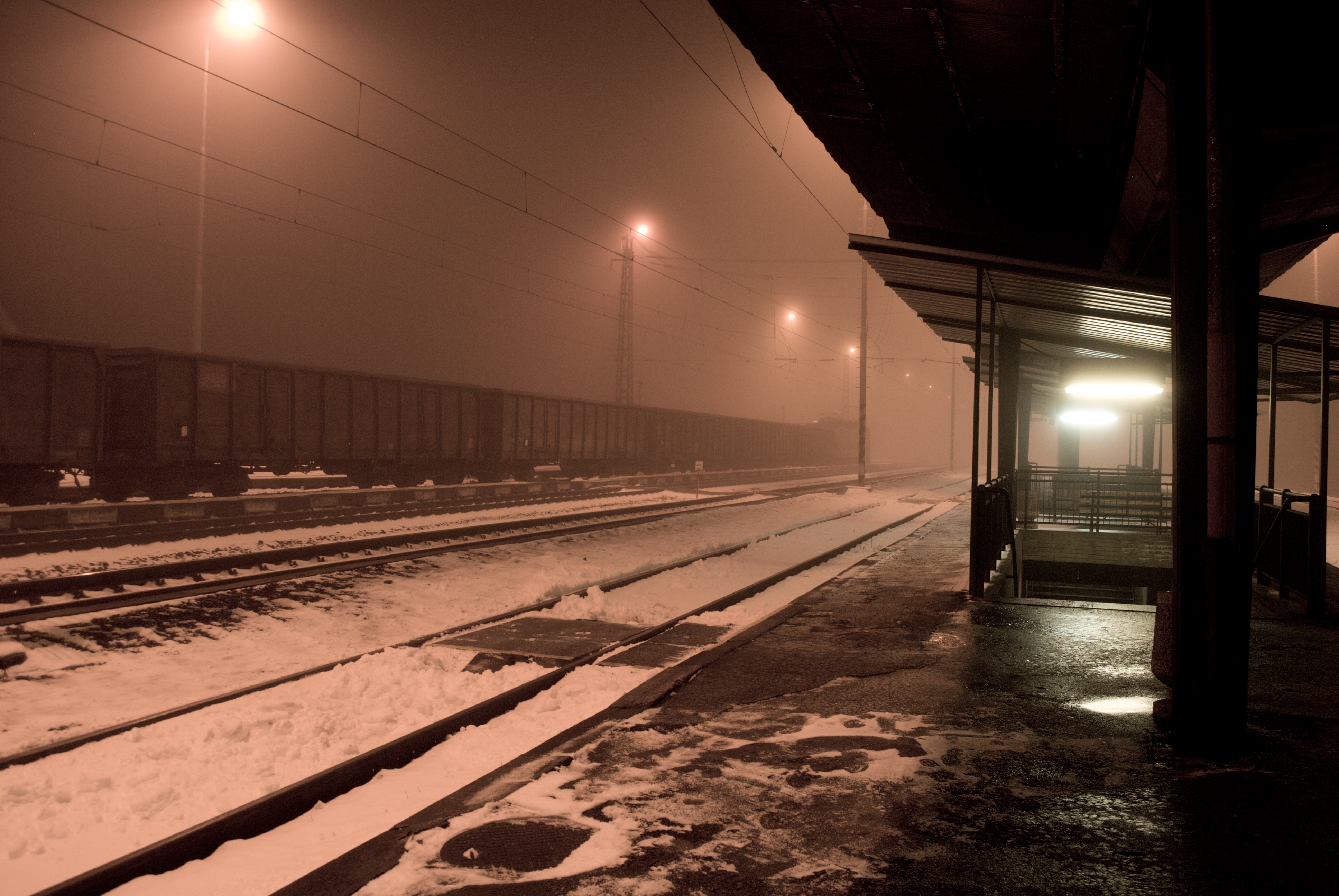 General 3872x2592 railway train station Slovakia winter snow night train mist empty  electric locomotives lights low light