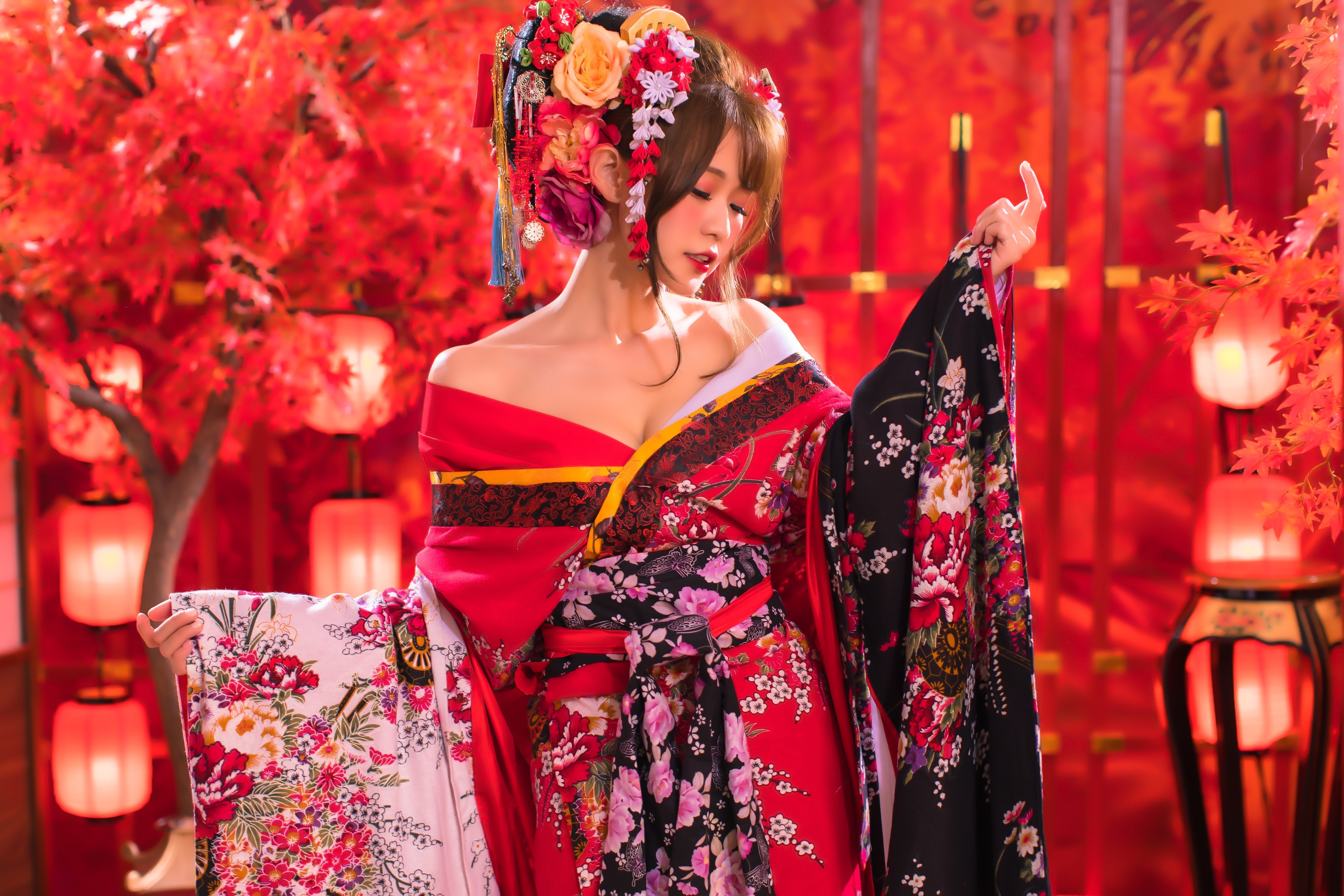 People 3000x2000 Asian women model brunette hair accessories bare shoulders women indoors kimono red