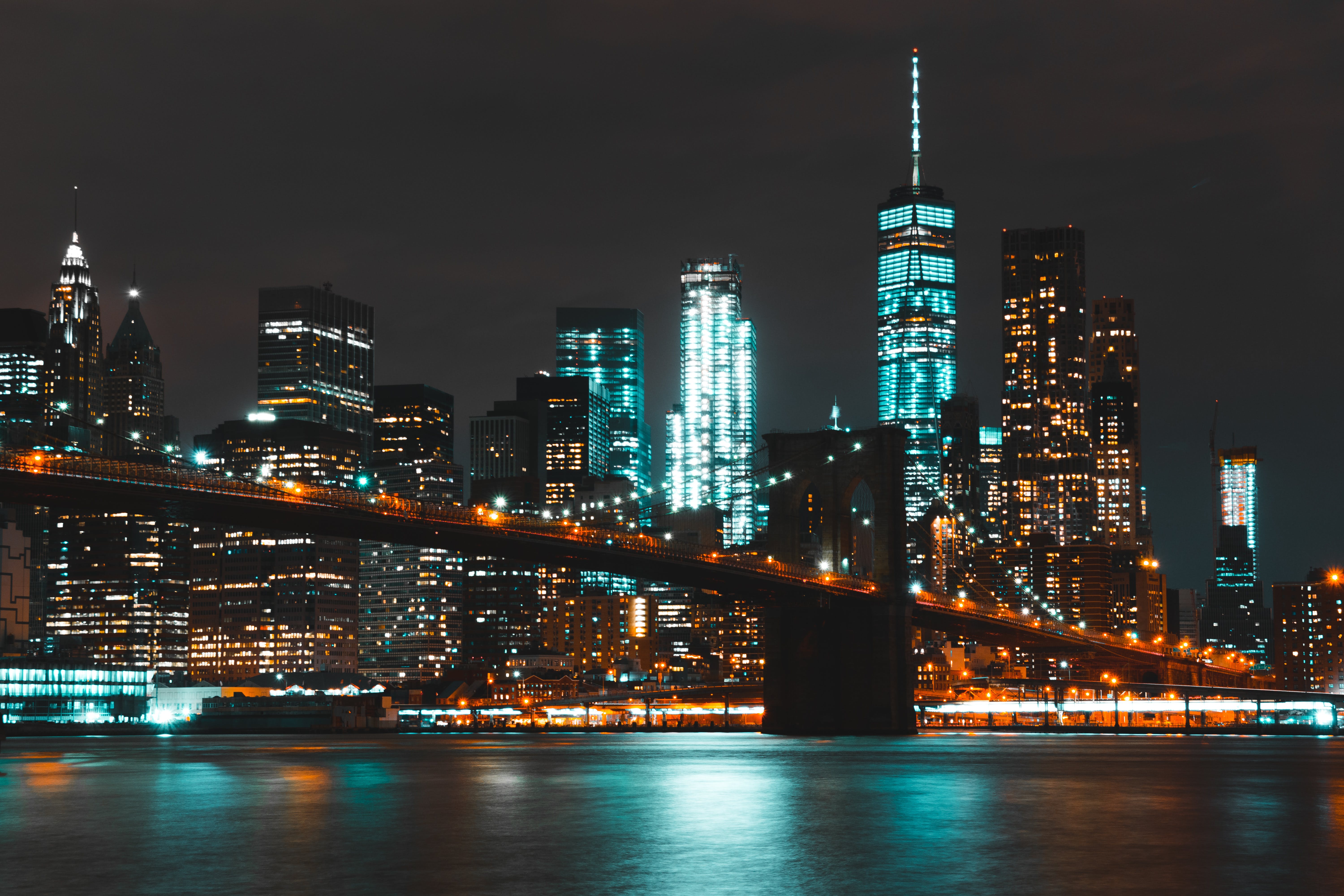 General 6000x4000 cityscape city New York City Brooklyn Bridge city lights cyan night low light river water skyscraper