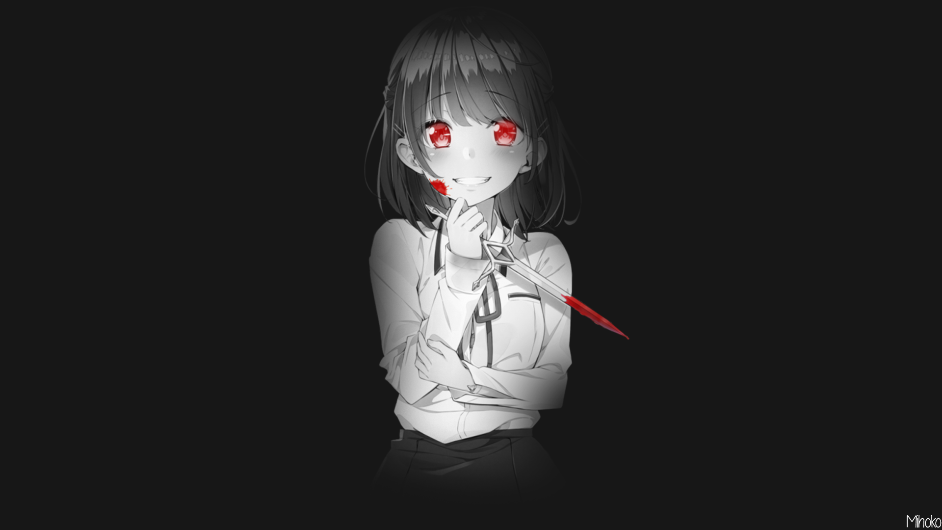 Anime 1920x1080 anime anime girls blood red eyes monochrome knife smiling short hair blushing