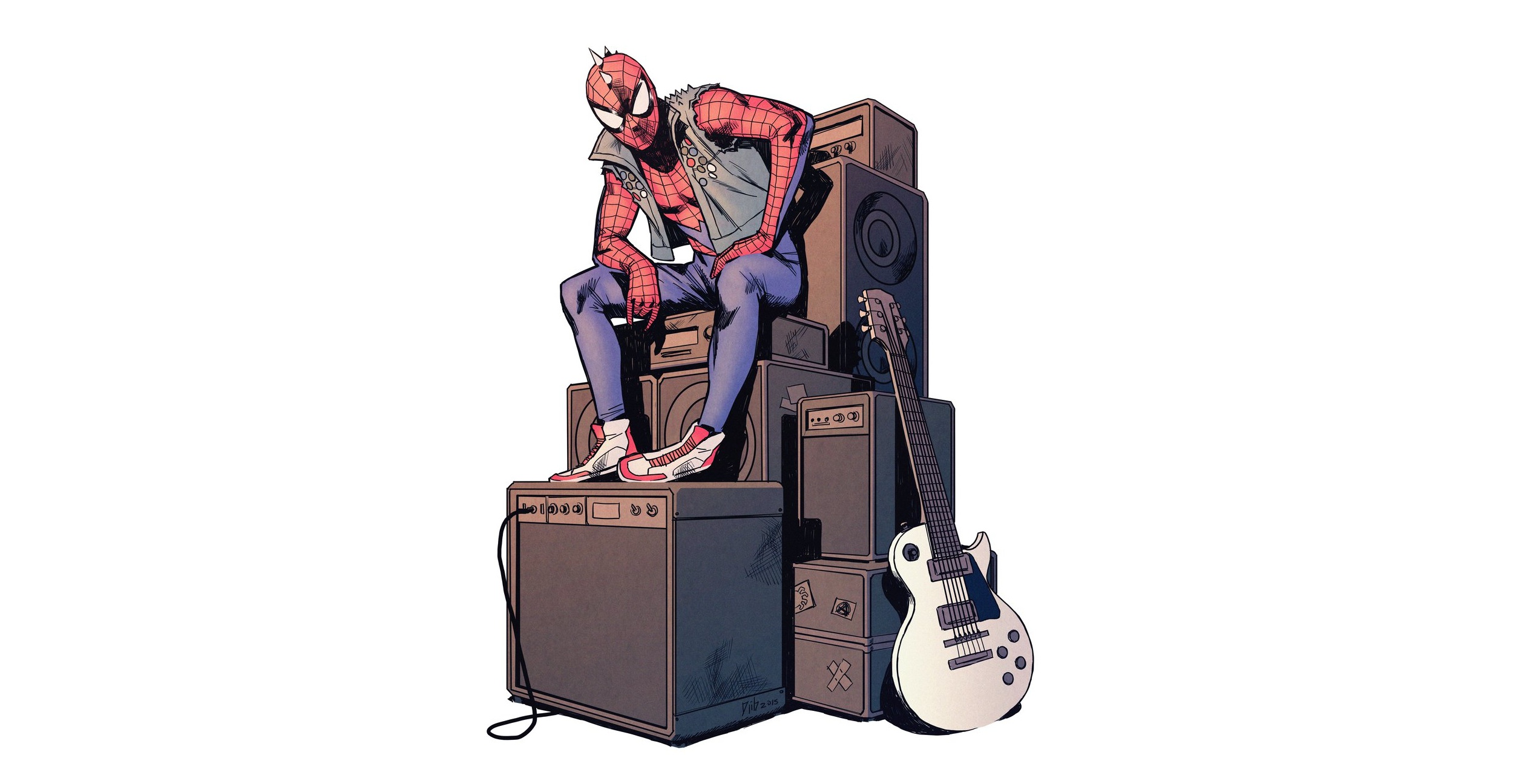 General 2500x1296 Marvel Comics Spider-Man guitar speakers amplifiers digital art simple background