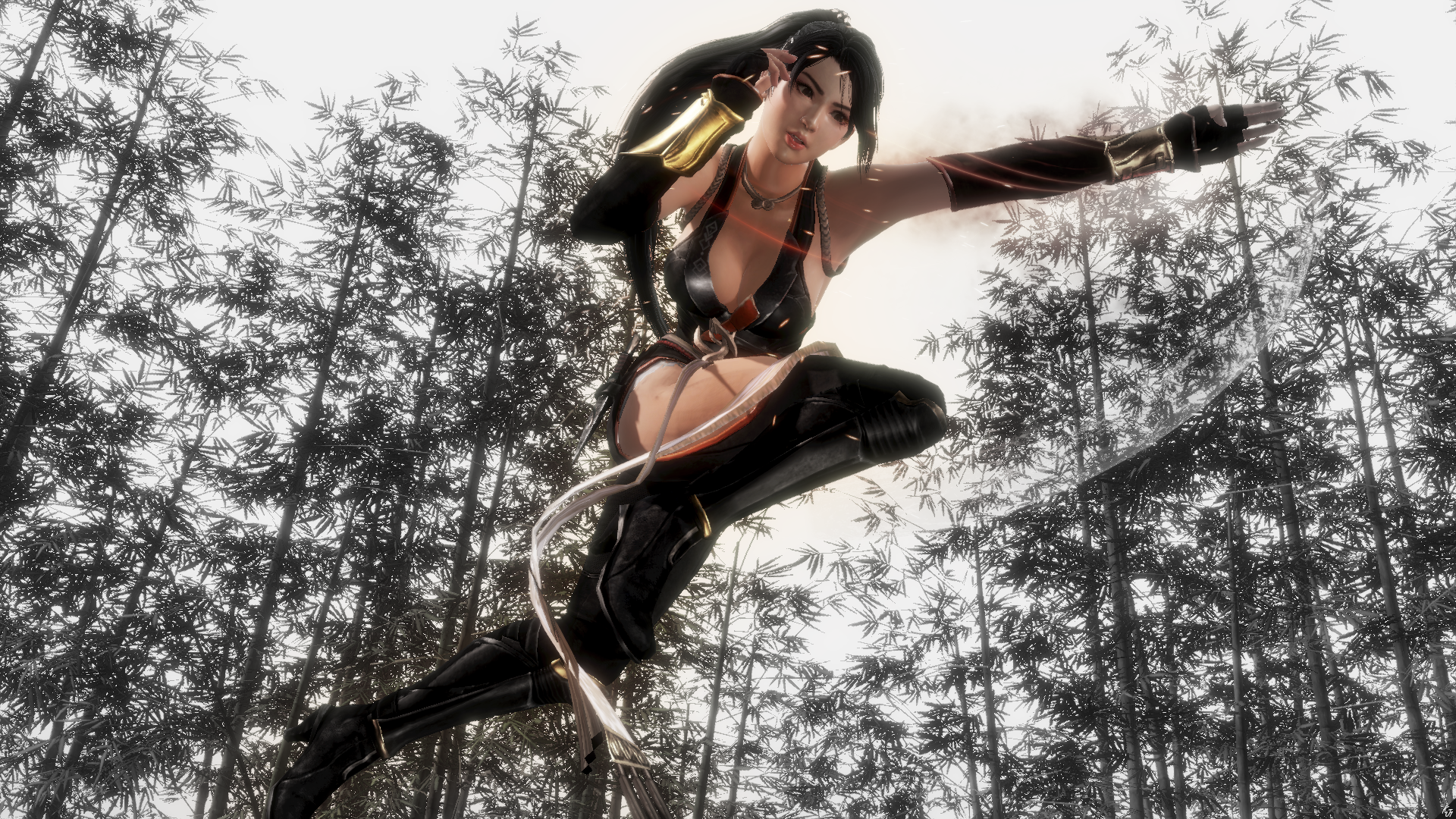 General 1920x1080 Dead or Alive ponytail long hair video game girls video game characters gray background black hair boobs low-angle Momiji (Dead or Alive) cleavage video games video game warriors