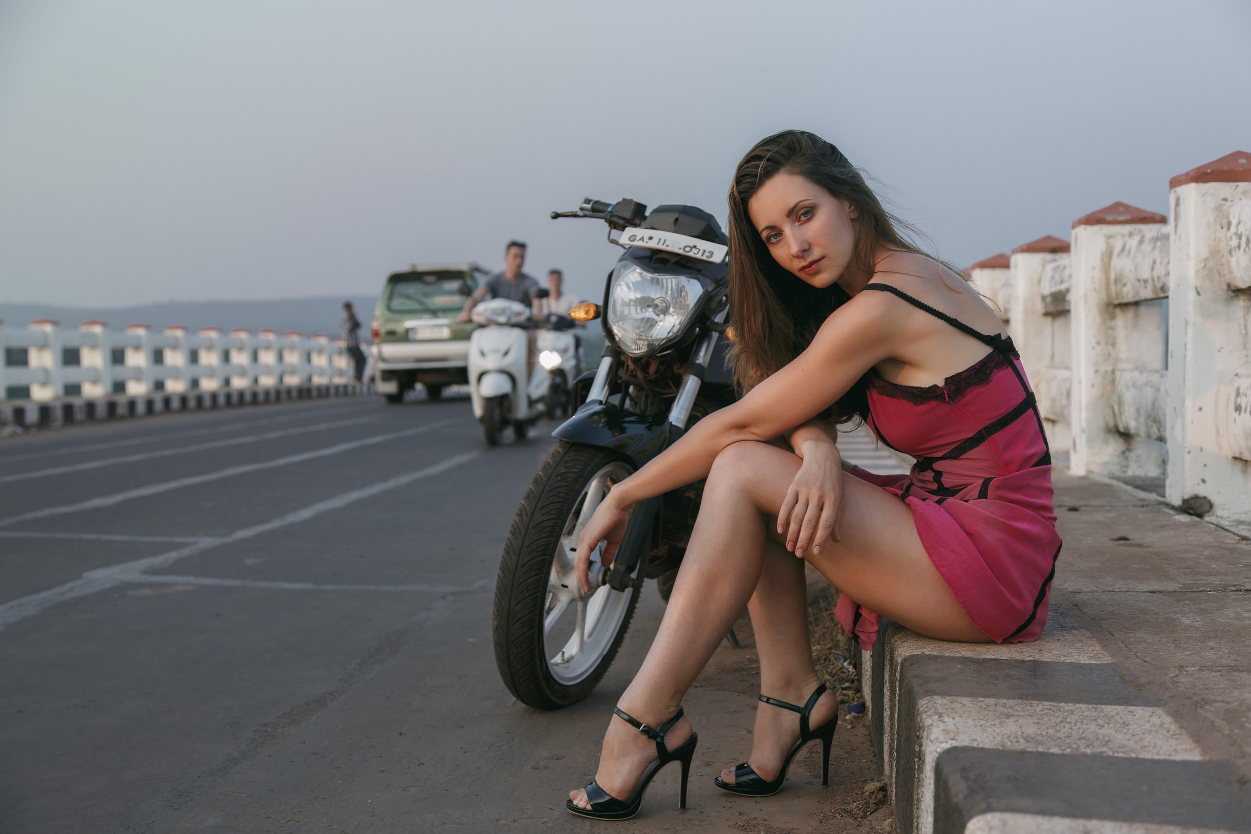 People 2560x1707 women sitting high heels women outdoors dress motorcycle Yamaha brunette