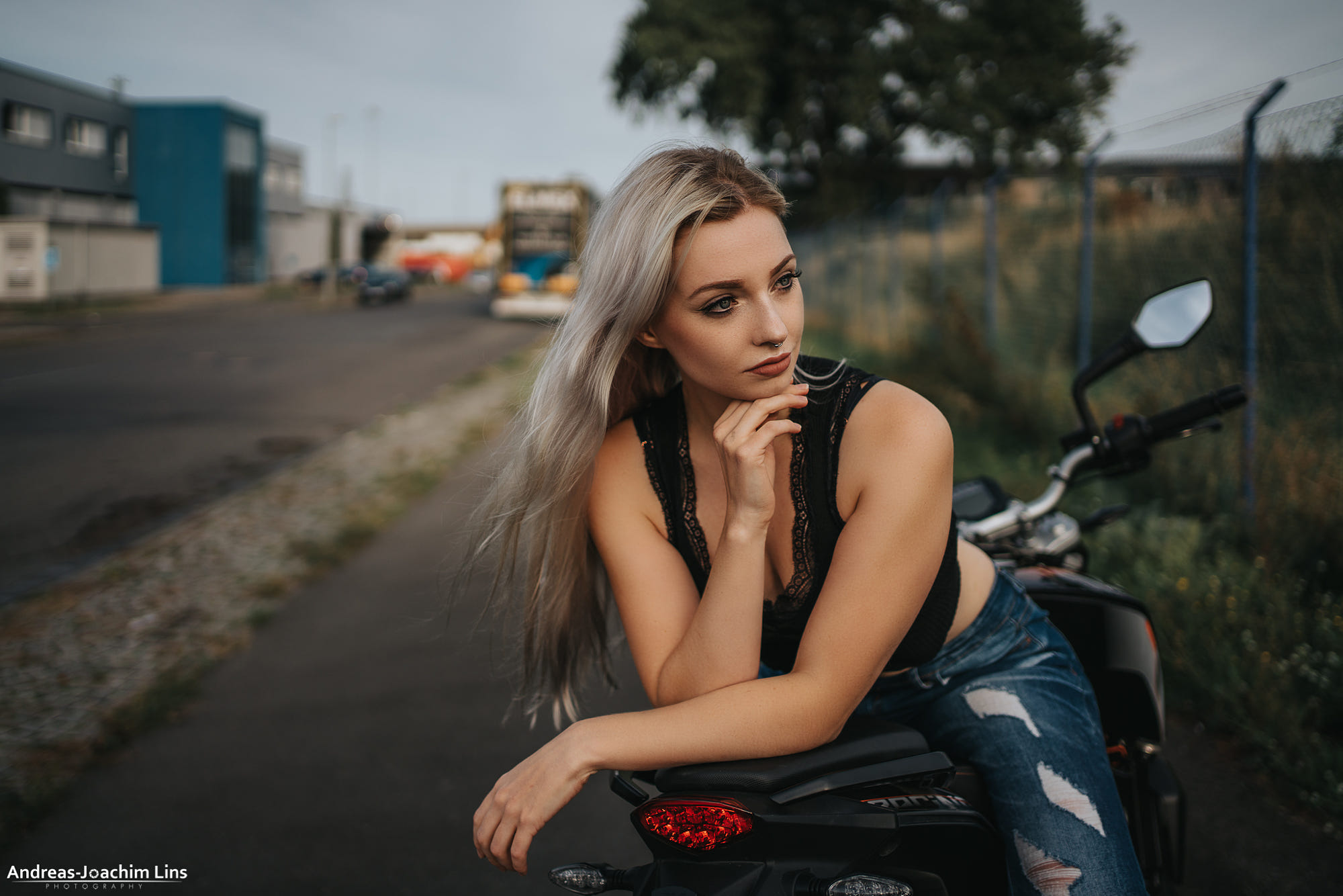People 2000x1334 women long hair torn jeans women with motorcycles nose ring brunette Andreas-Joachim Lins women outdoors looking away blonde dyed hair Maike Shepherd