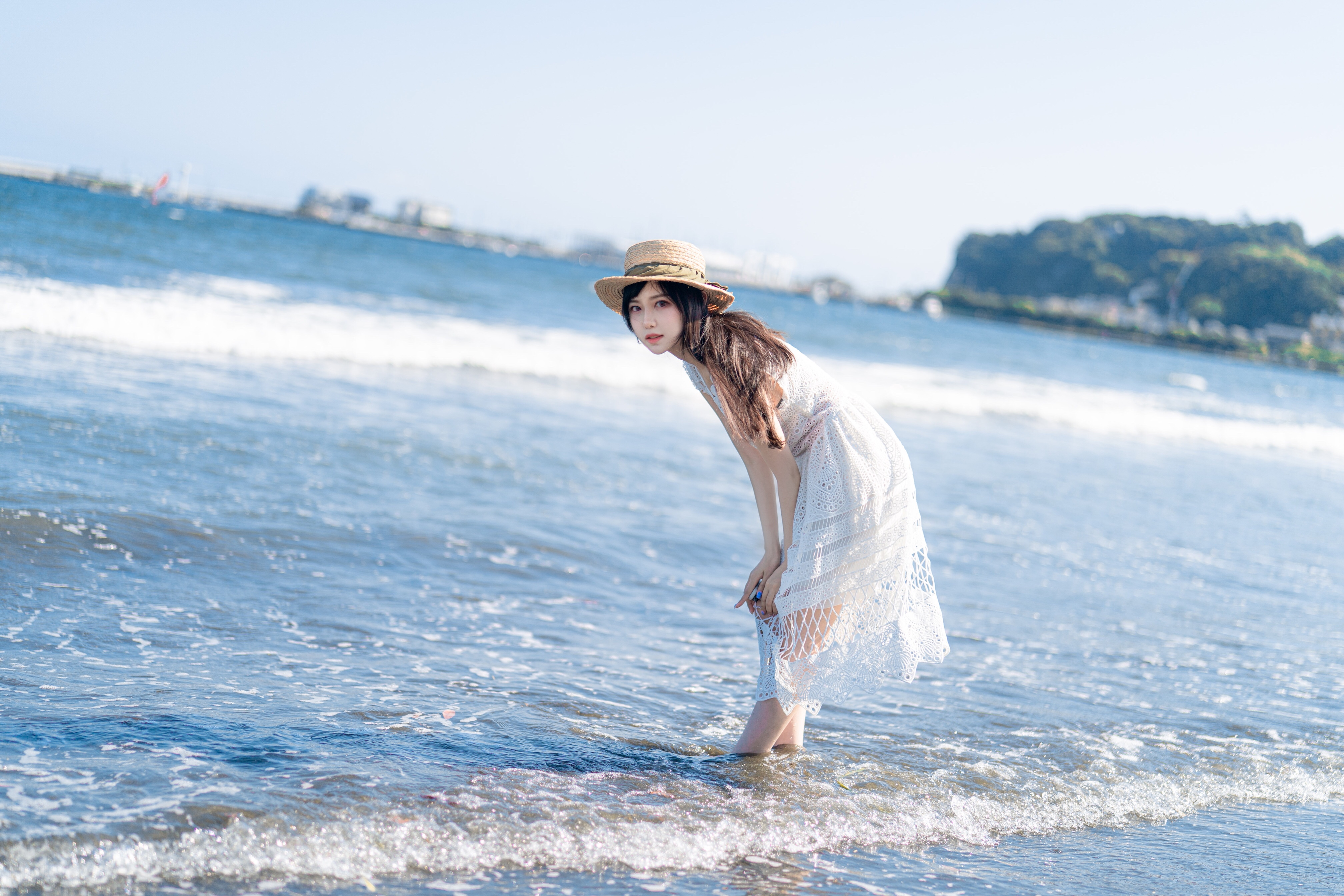 People 4032x2688 long hair women women on beach Asian in water white dress Shika XiaoLu