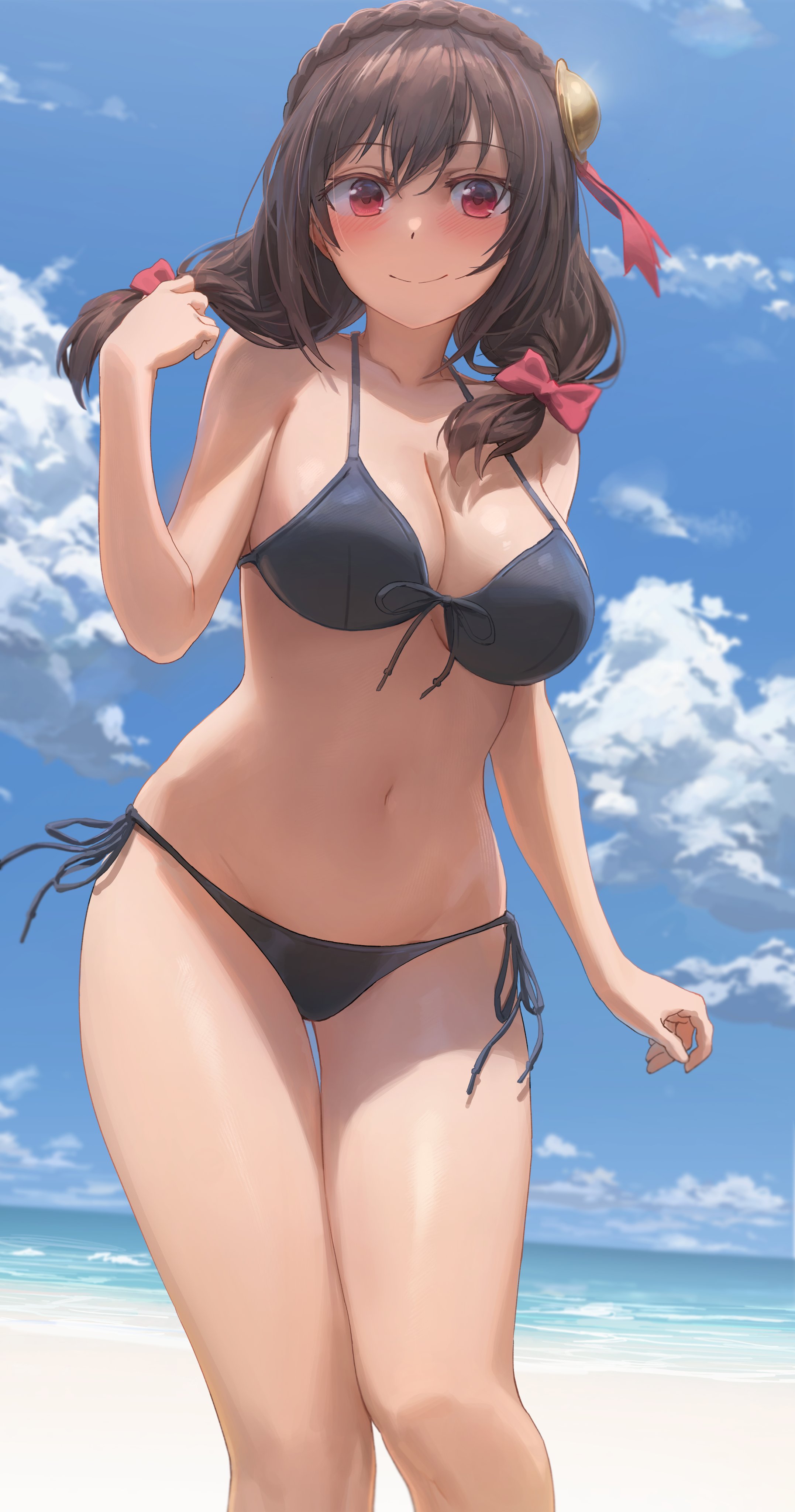 Anime 2154x4096 anime anime girls digital art artwork 2D portrait display Yohan1754 Kono Subarashii Sekai ni Shukufuku wo! Yunyun (Konosuba) beach bikini cleavage brunette red eyes smiling twintails looking at viewer