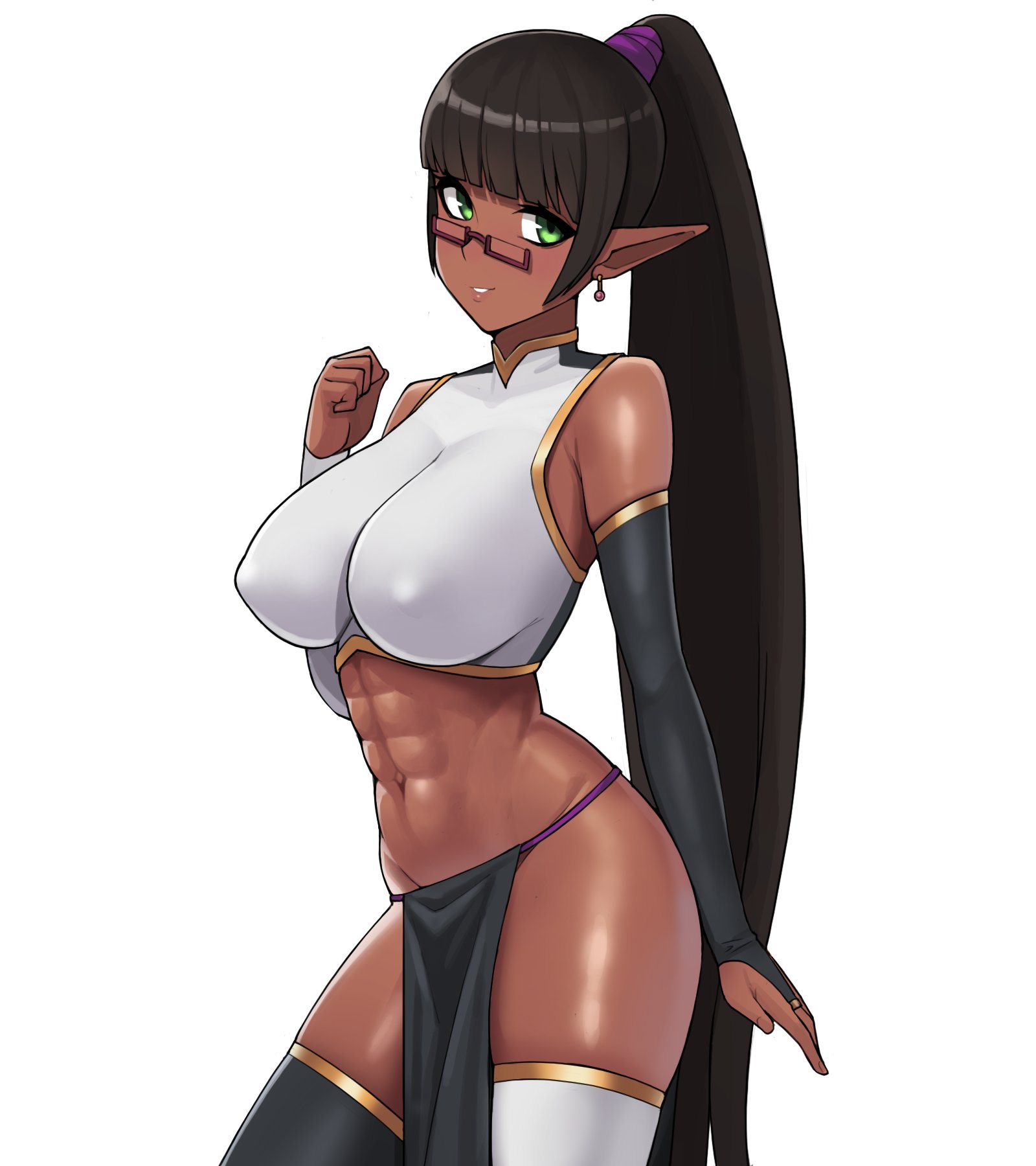 Anime 1600x1800 anime girls portrait display drawing elves dark elf brunette ponytail green eyes hard nipples bare midriff Donburikazoku boobs big boobs huge breasts simple background white background fantasy girl dark hair long hair pointy ears belly abs standing looking at viewer glasses anime