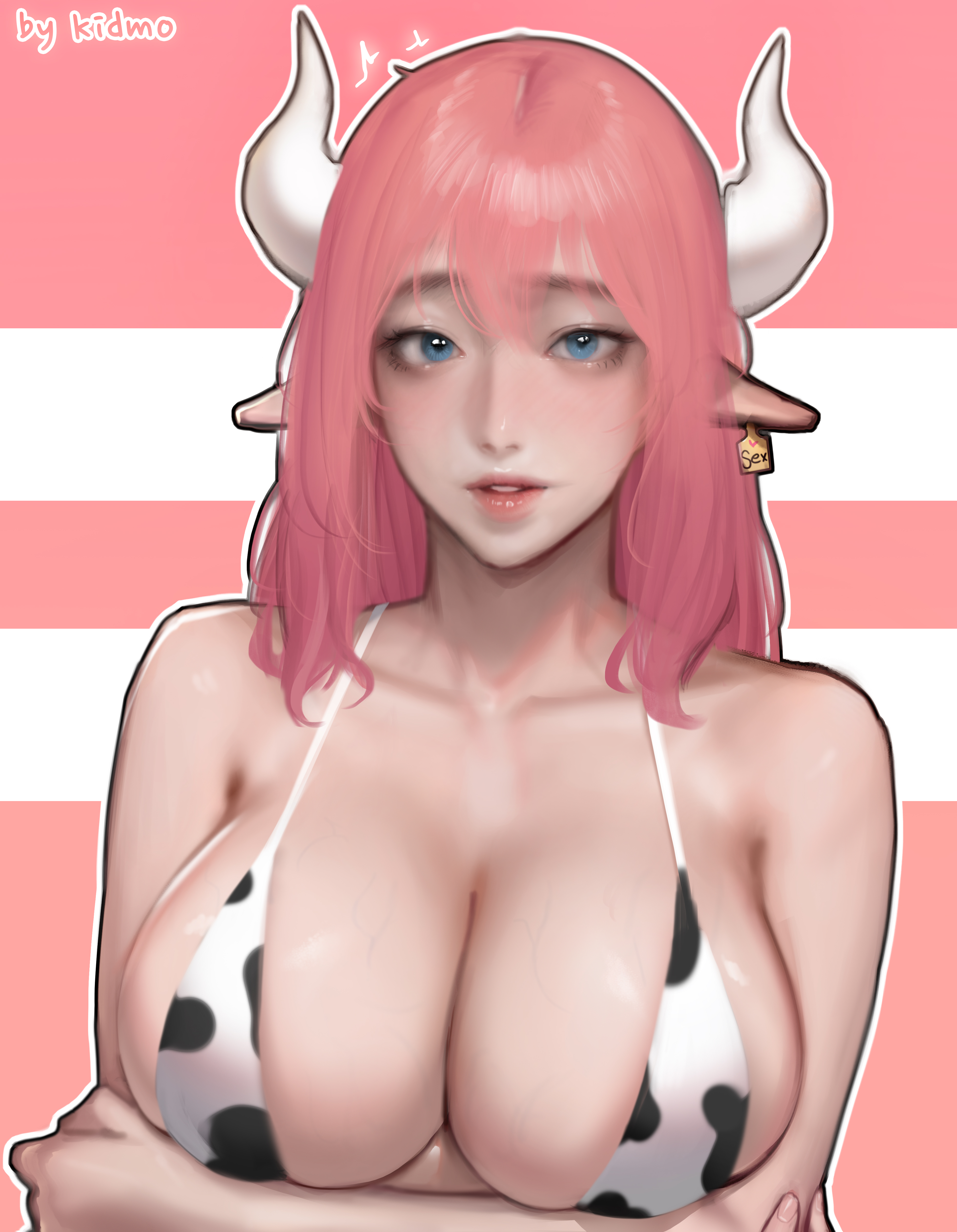 General 3734x4803 boobs women Kidmo cow girl pink hair horns big boobs cowkinis blushing pointy ears