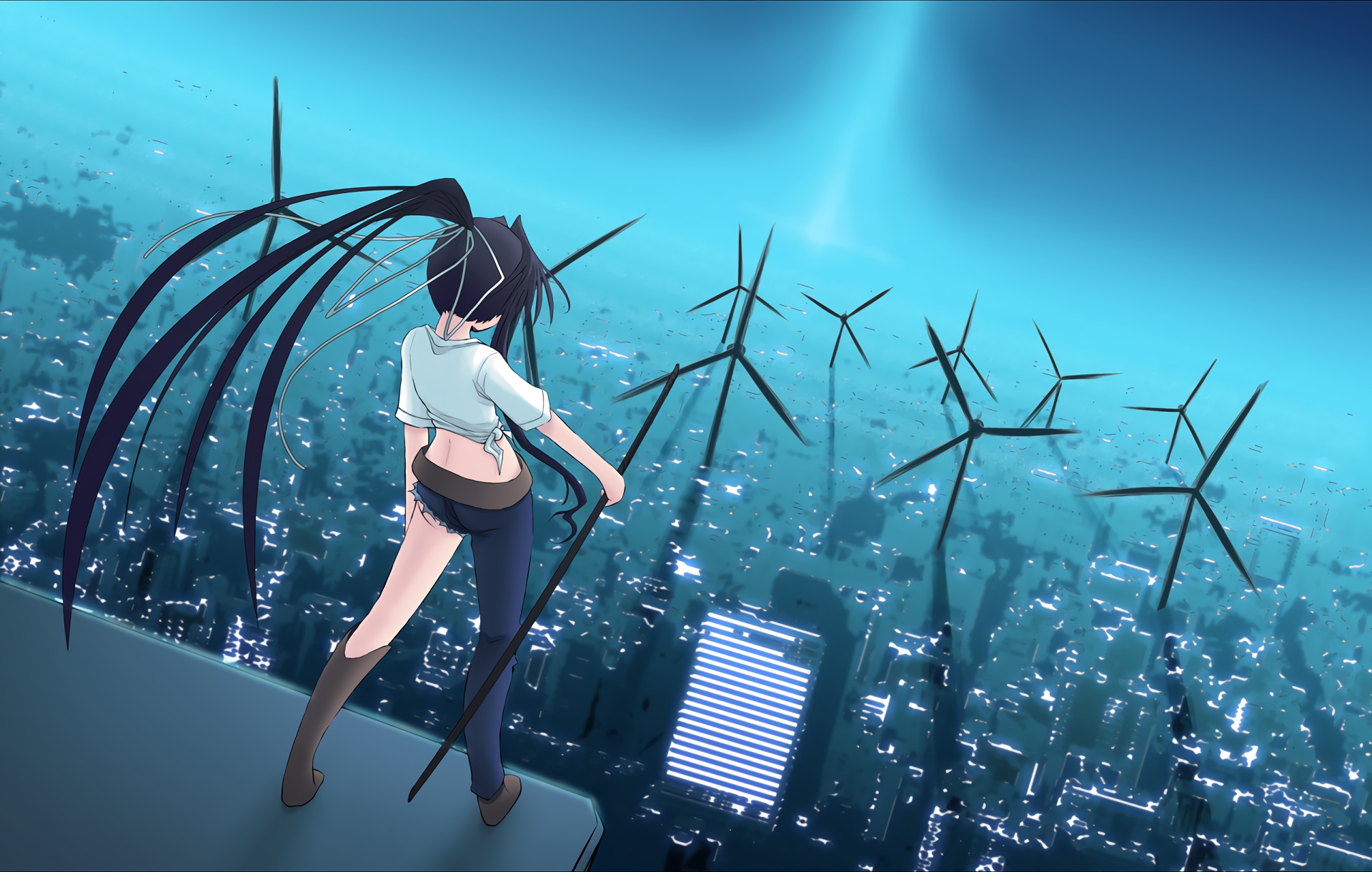 Anime 1920x1220 Kanzaki Kaori To aru Majutsu no Index anime girls anime cityscape rooftops sky torn clothes standing dark hair long hair wind turbine