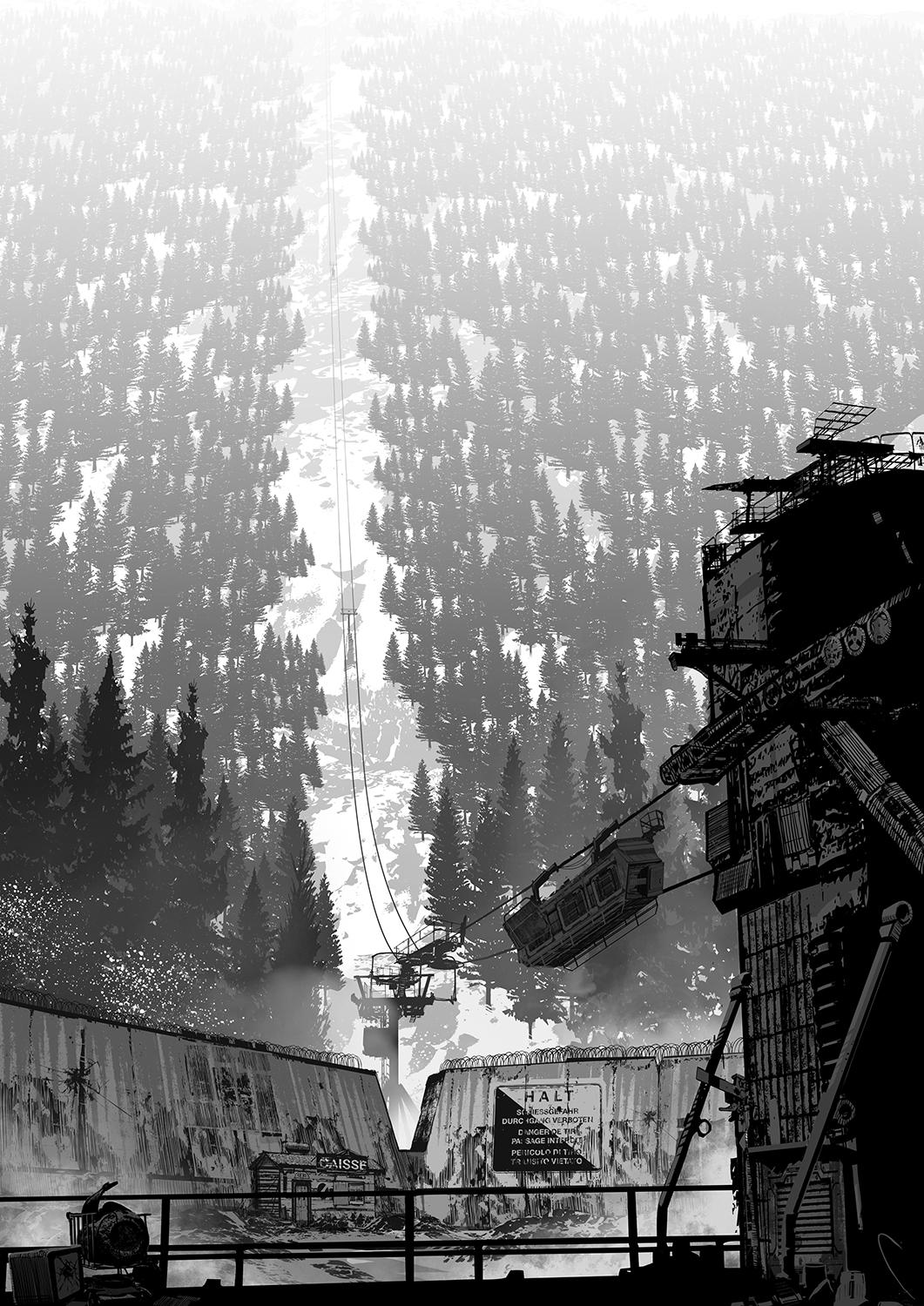 General 1061x1500 artwork digital art monochrome mountains trees urban decay cable car