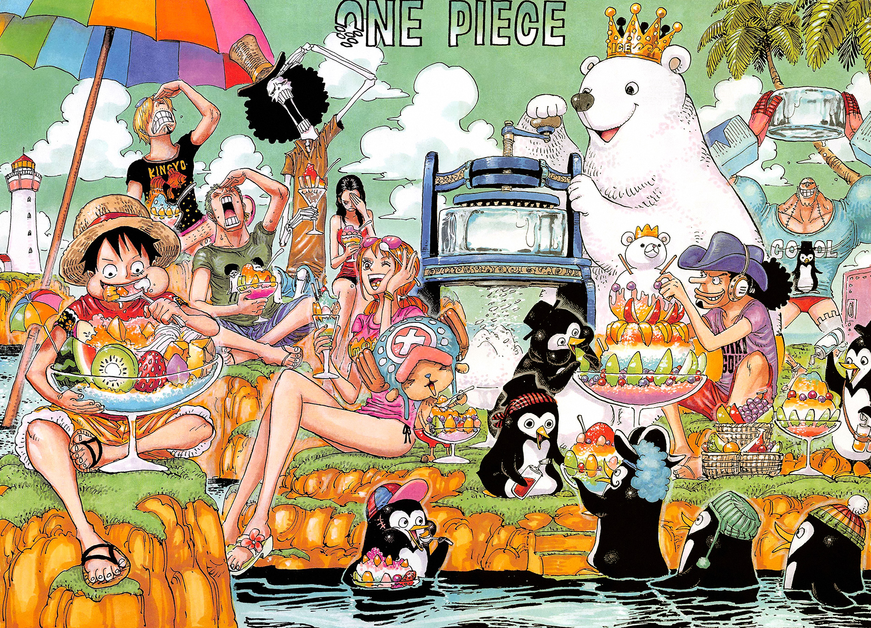 Anime 1773x1280 One Piece anime anime boys eating anime girls food fruit legs legs crossed
