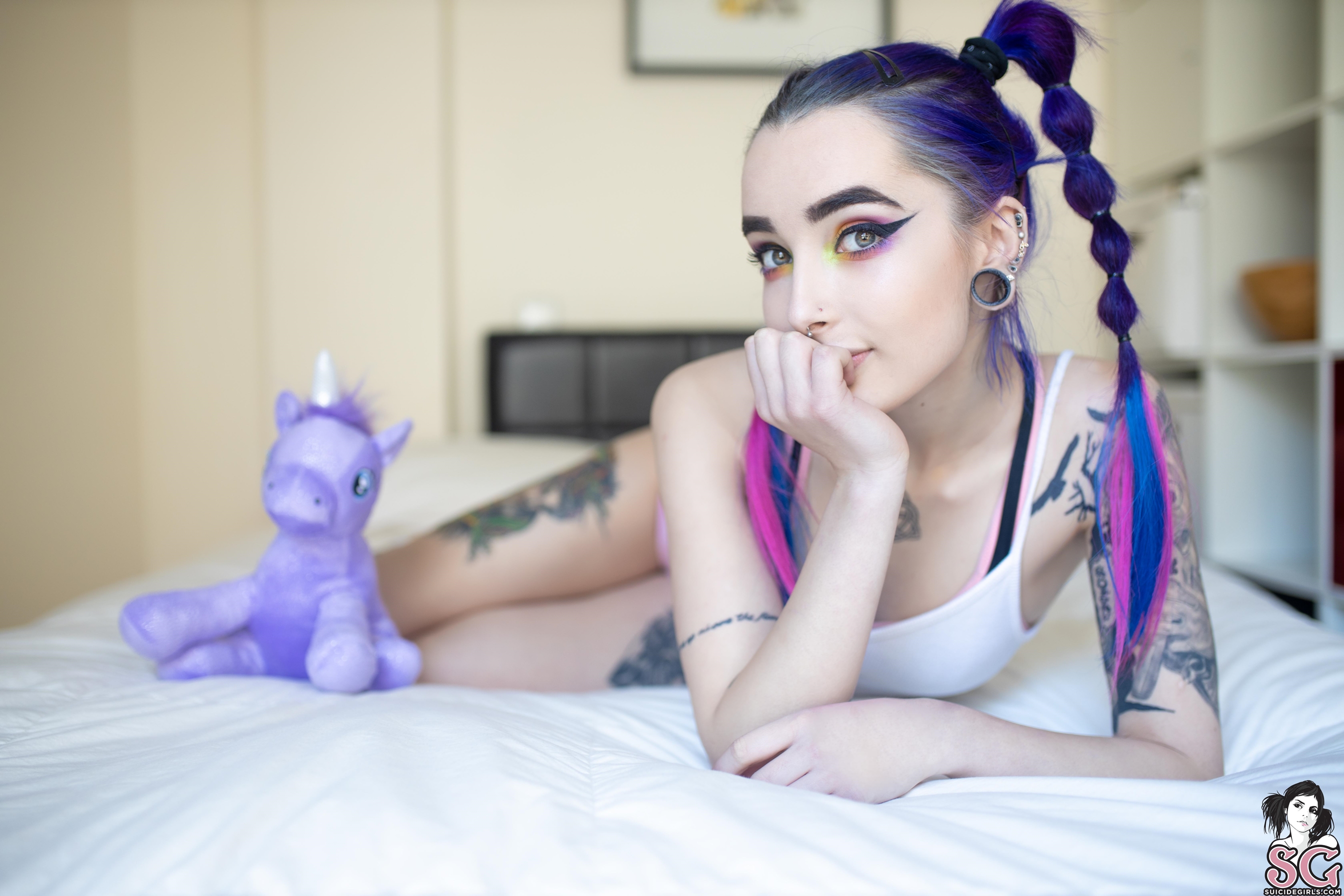 People 2688x1792 Kaegune Suicide Girls twintails braids women model tattoo inked girls in bed face eyeliner dyed hair