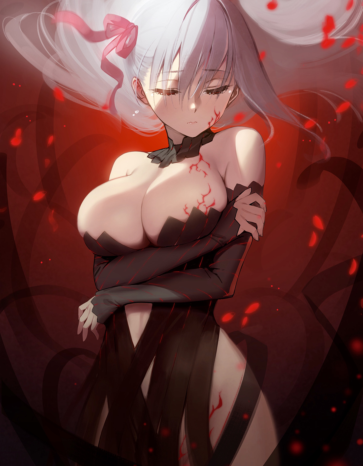 Anime 1200x1542 anime girls Fate series Matou Sakura Siino skimpy clothes no bra cleavage big boobs holding boobs Fate/Stay Night fate/stay night: heaven's feel black dress thighs red ribbon woman crying blushing 2D curvy looking below ecchi belly arms crossed long hair gray hair red petals red eyes fan art