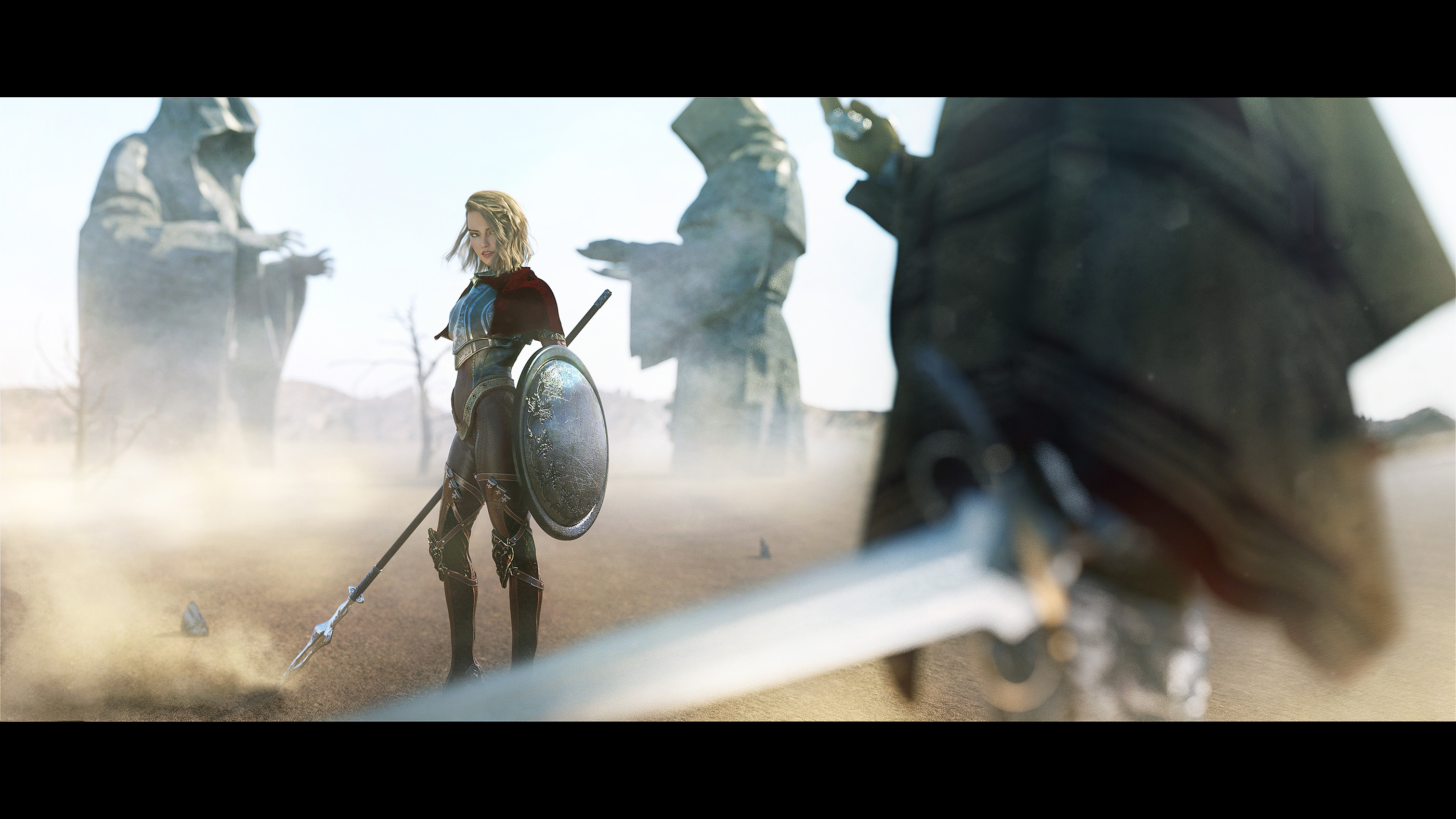 General 2800x1575 artwork fantasy girl fantasy art armor spear shield blonde warrior digital art