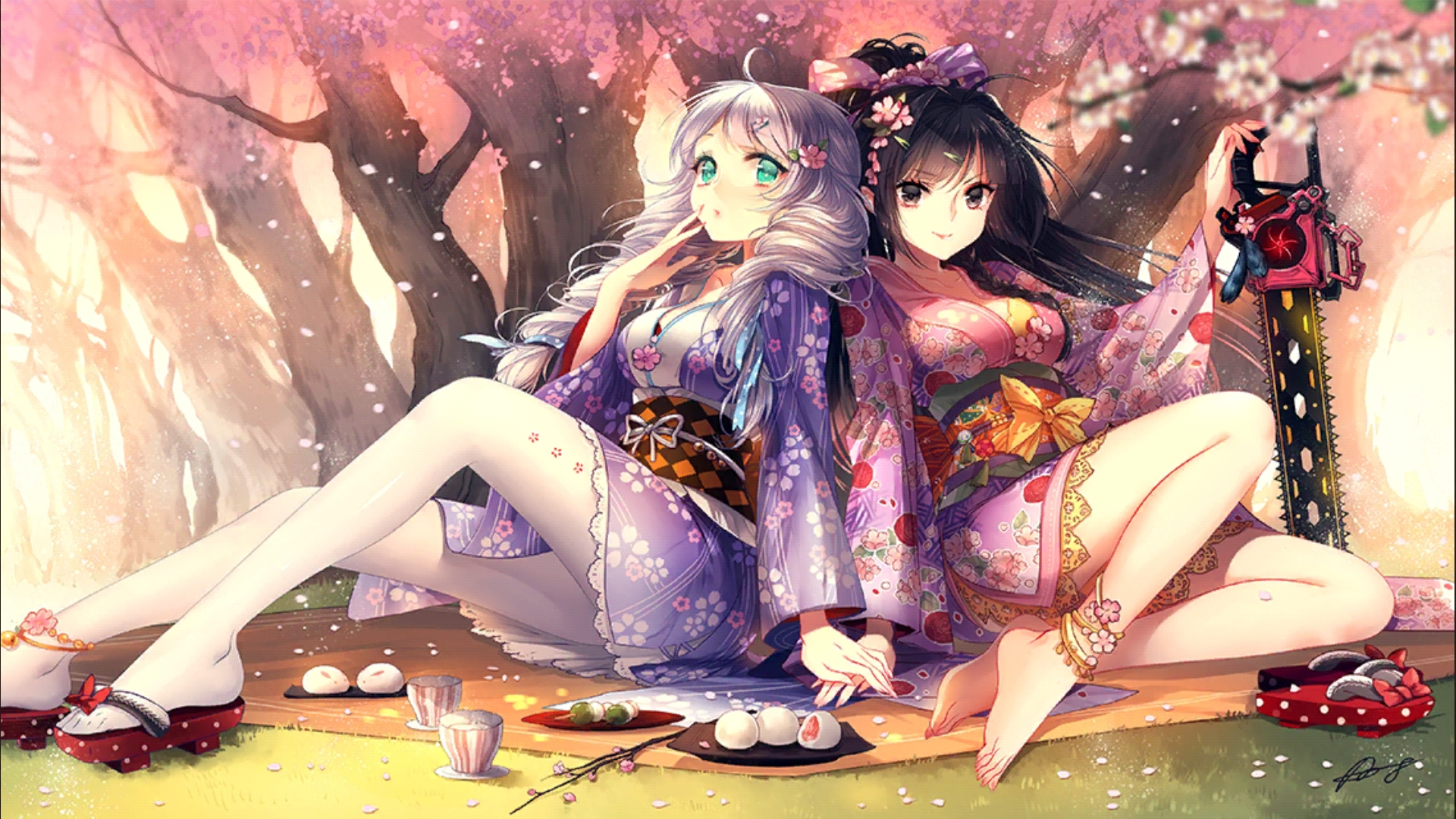 Anime 1920x1080 Guns GirlZ Kiana Kaslana Raiden Mei anime girls pantyhose yukata chainsaws cherry blossom Kieta