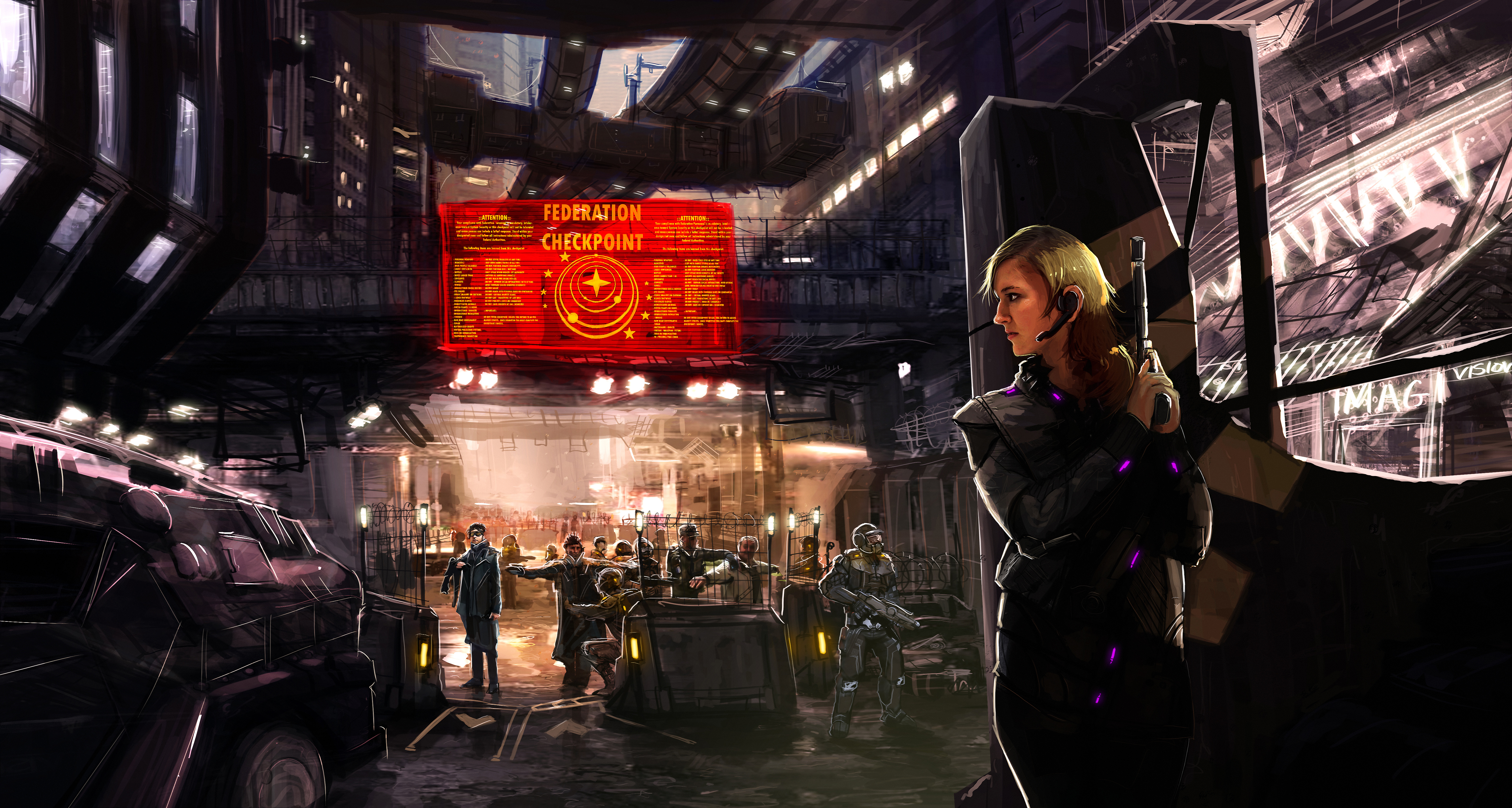 General 5697x3045 Elite: Dangerous Spy science fiction city military suppressors street orange purple clothing cyberpunk Kev-Art blonde