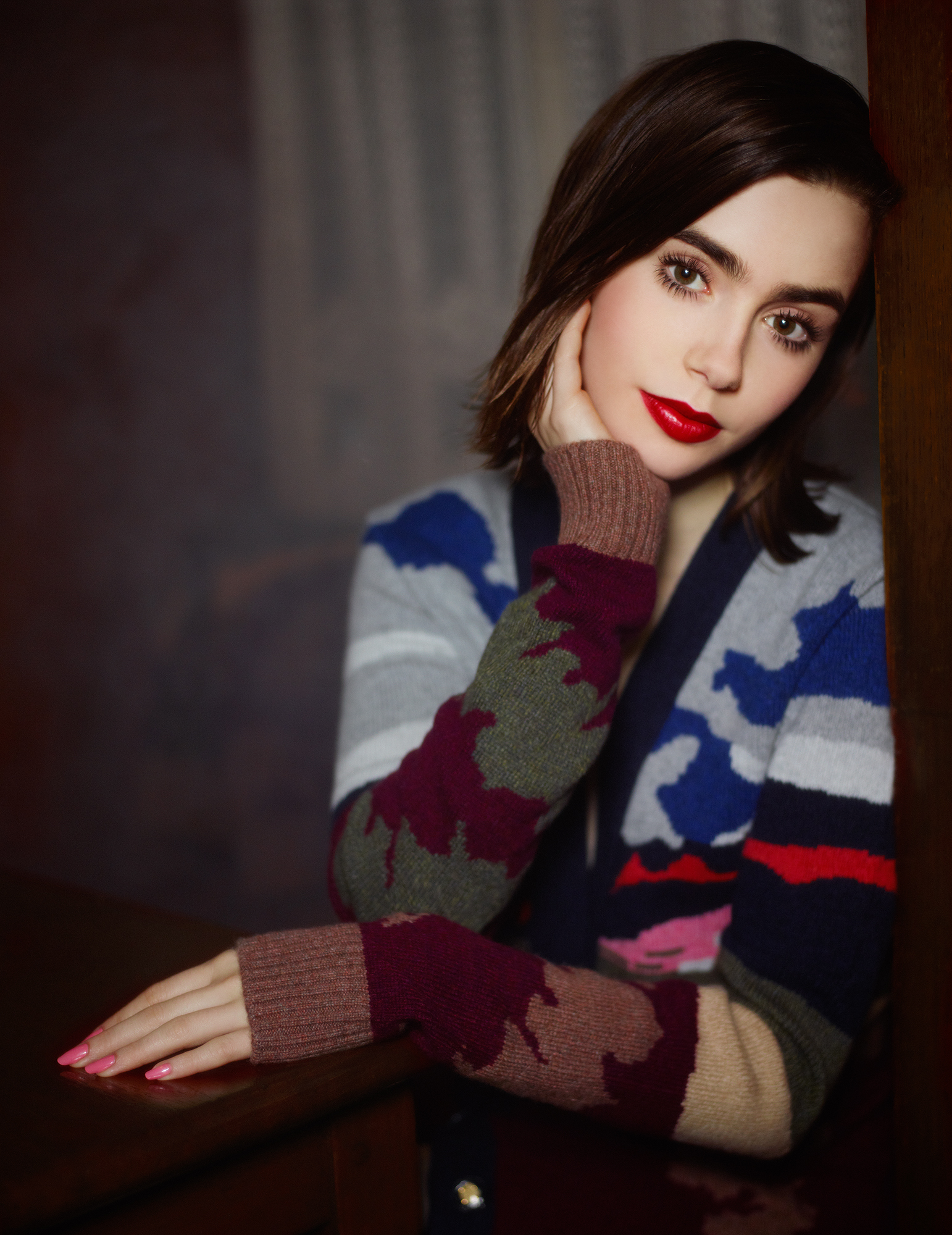 People 1542x2000 Lily Collins actress women lipstick pink nails portrait display
