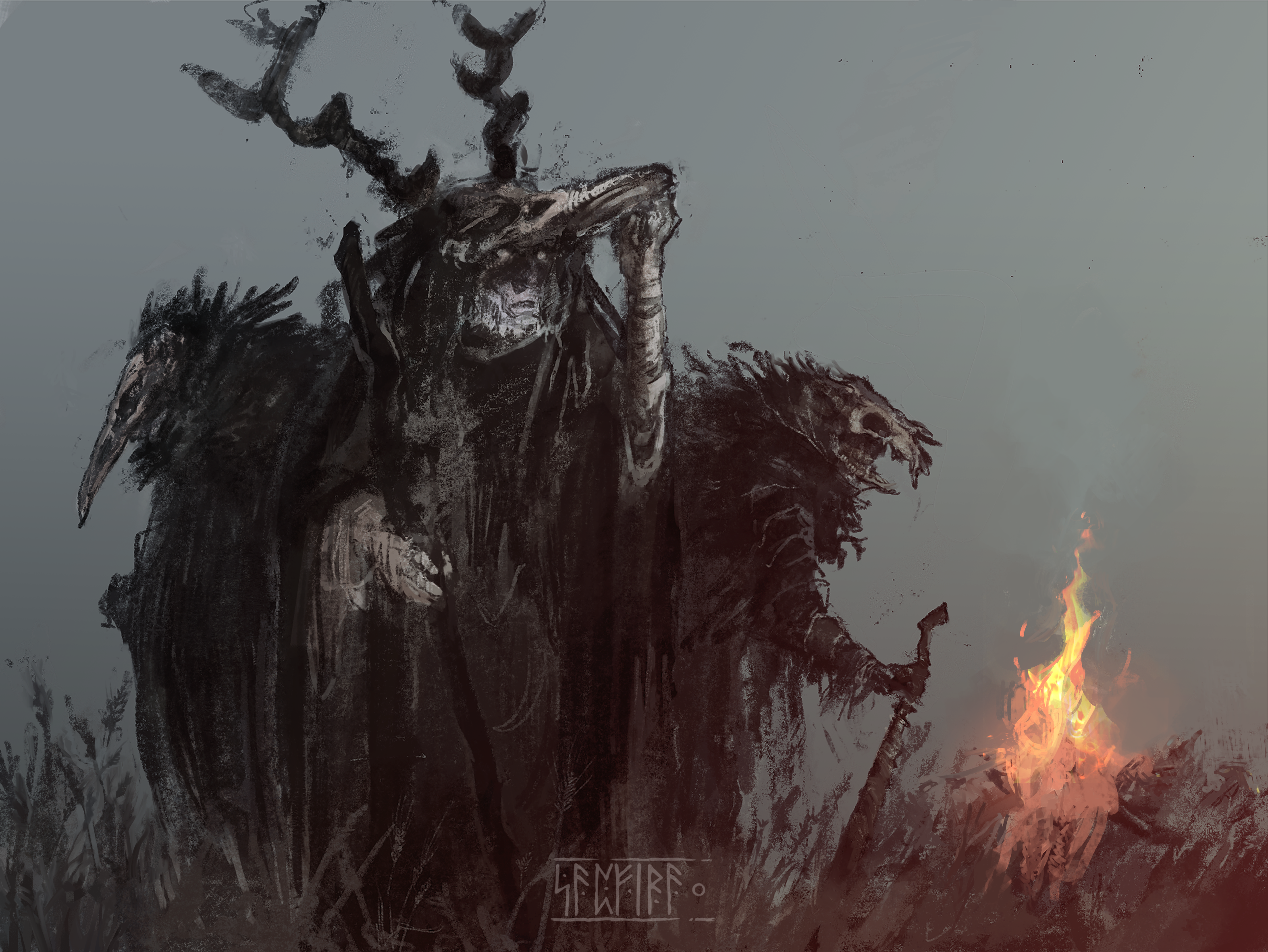 General 3146x2363 mist fire creature creepy mask Celtic druids Druid digital art