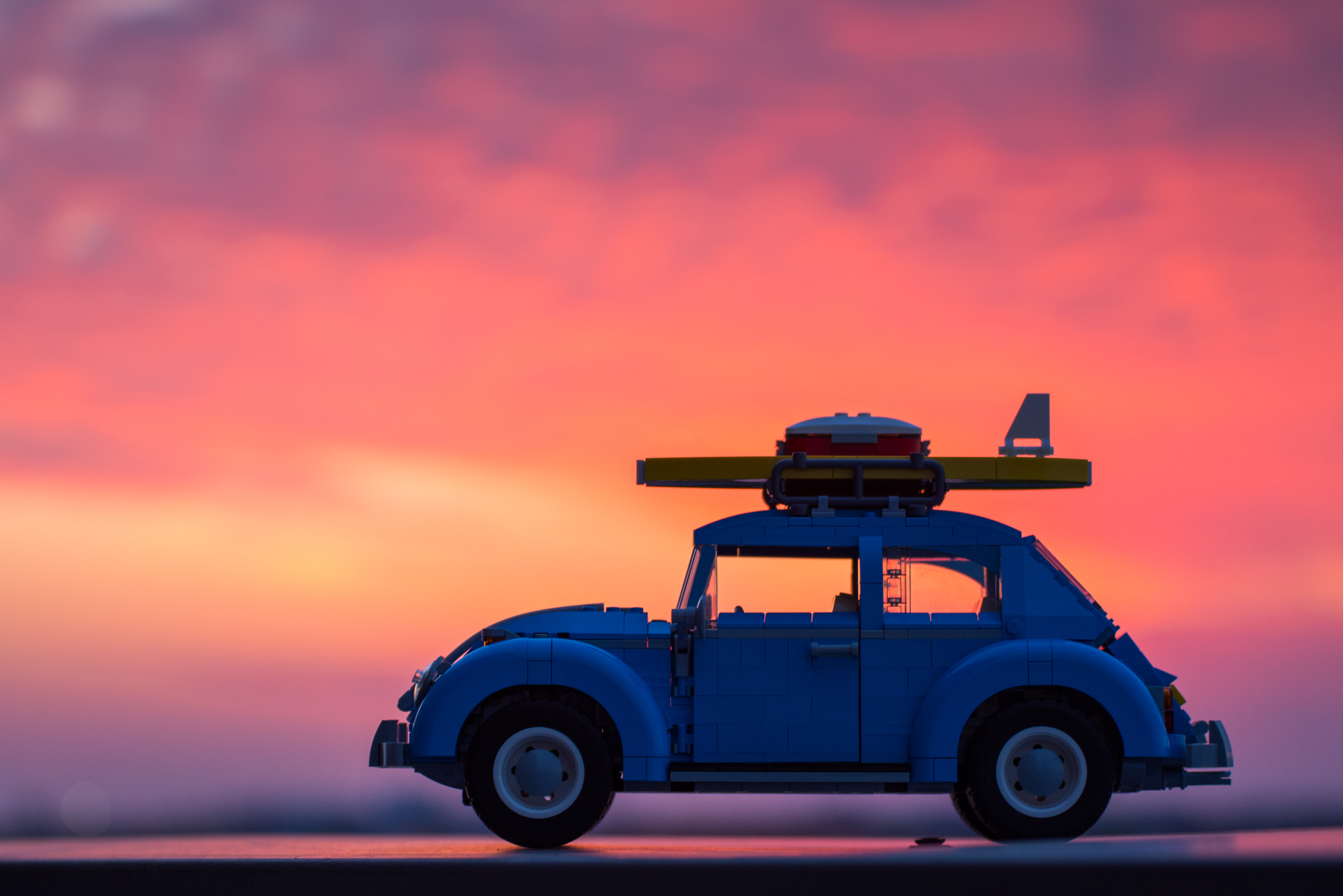 General 5956x3971 car LEGO Volkswagen Beetle sunset toys surfboards miniatures depth of field German cars Volkswagen