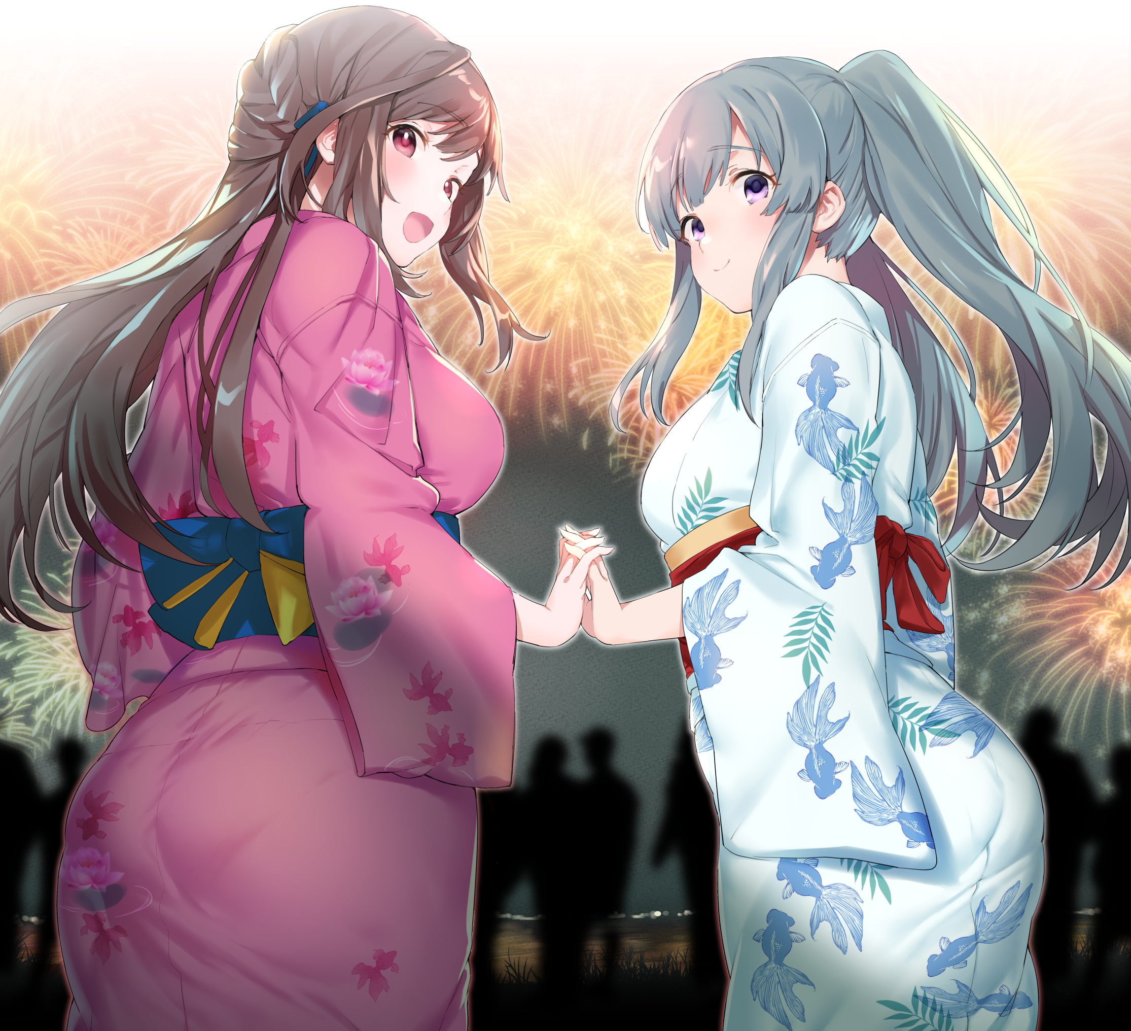Anime 2230x2032 big boobs kimono fireworks yukata THE iDOLM@STER Kogane Tsukioka Kiriko Yukoku nekoshoko2 standing holding hands back looking back