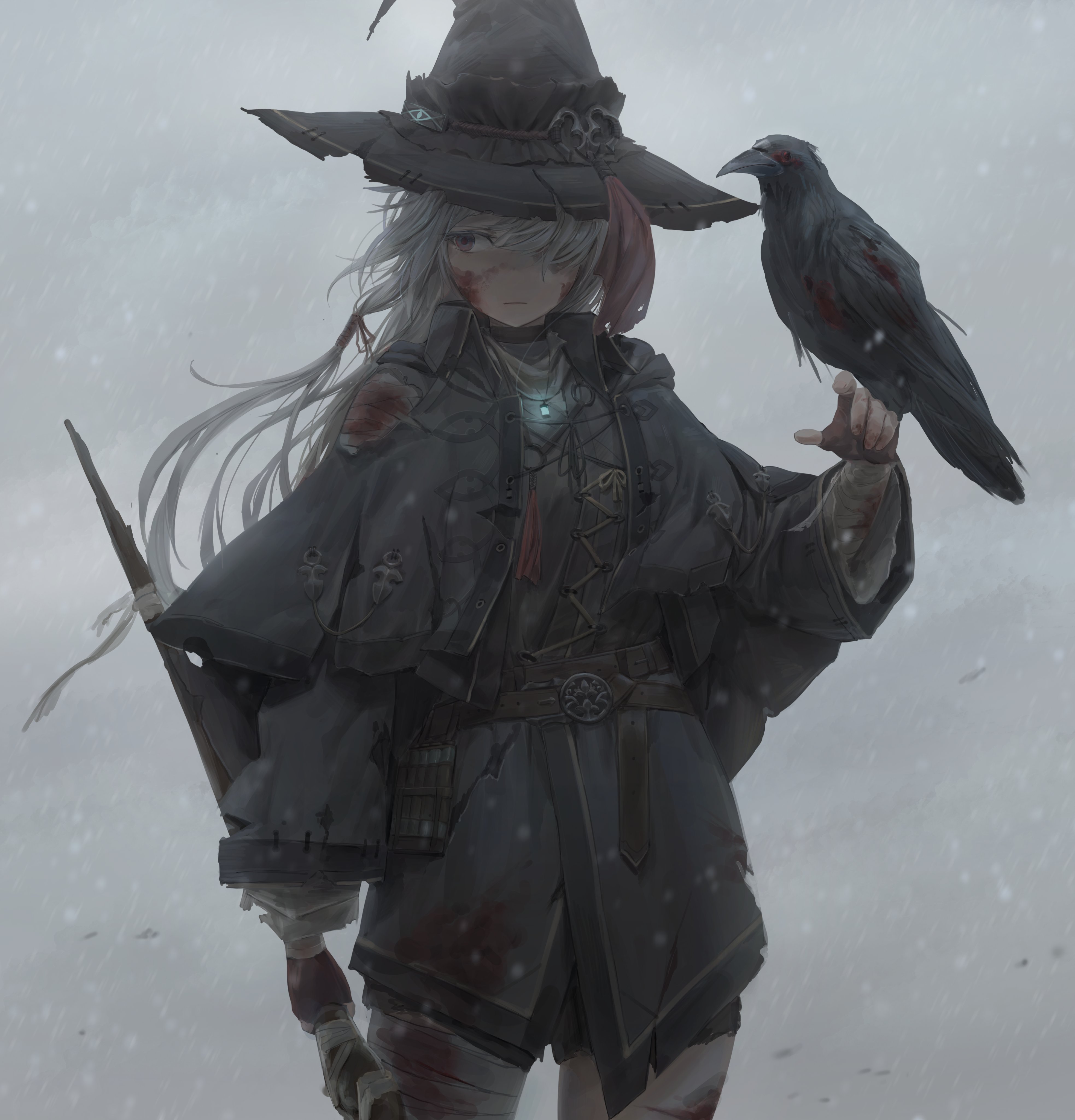 Anime 3932x4096 anime anime girls digital art artwork 2D portrait display portrait Yohan1754 crow witch witch hat gray hair bandages blood