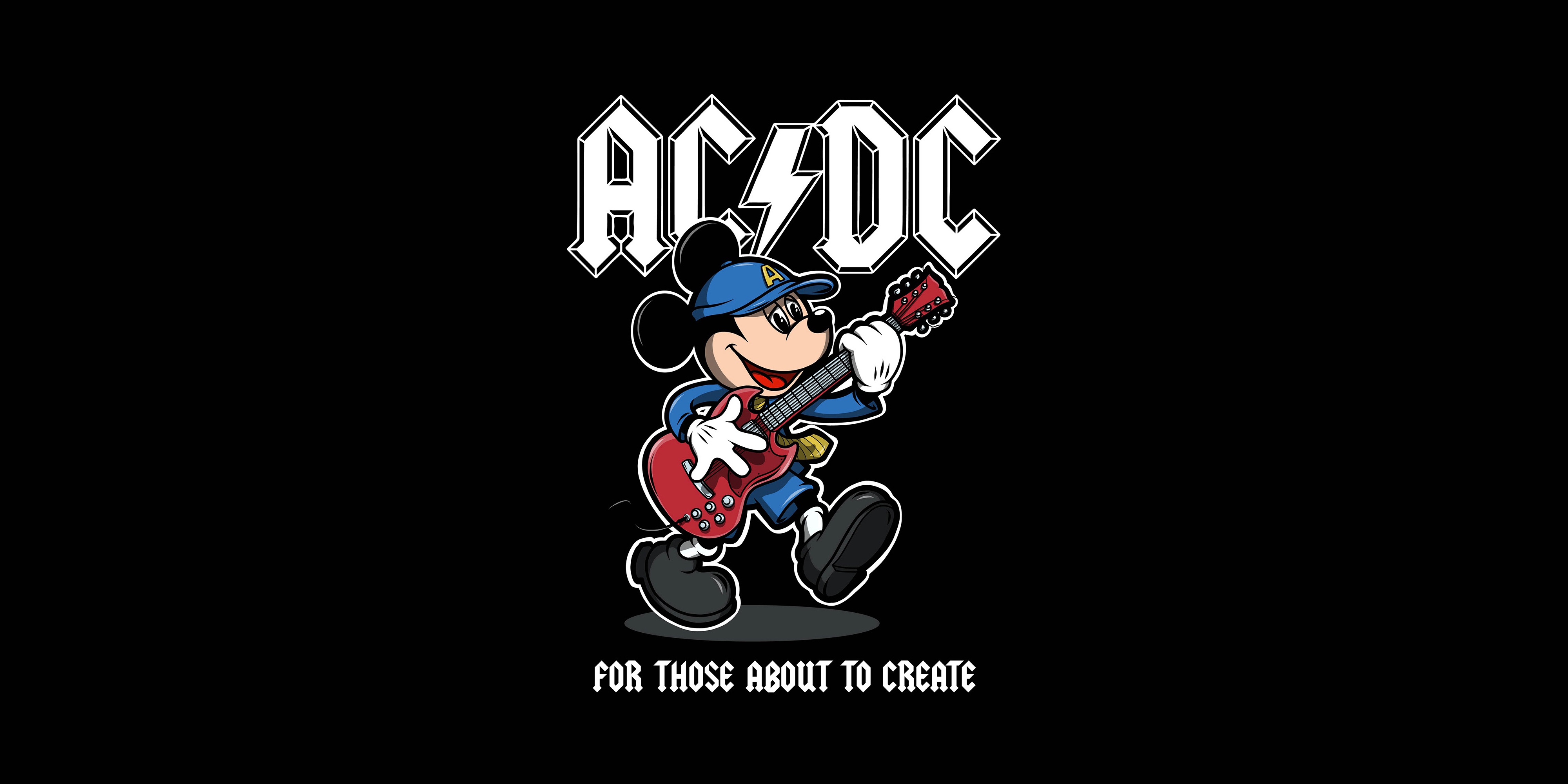 General 4000x2000 music Mickey Mouse artwork AC/DC typography guitar musical instrument Disney simple background black background logo band logo