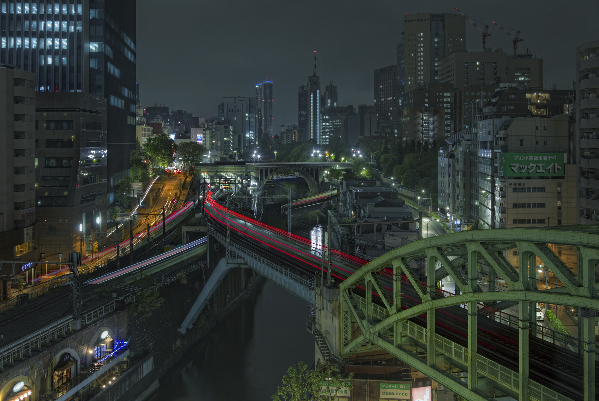 General 1920x1285 Japan Tokyo cityscape canal light trails train long exposure