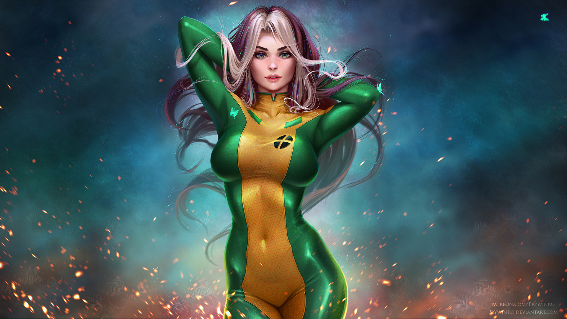 General 1920x1080 rogue Rogue (X-men) X-Men Marvel Comics superheroines long hair looking at viewer freckles curvy tight clothing butterfly sparks fire smiling fan art artwork digital art Prywinko frontal view