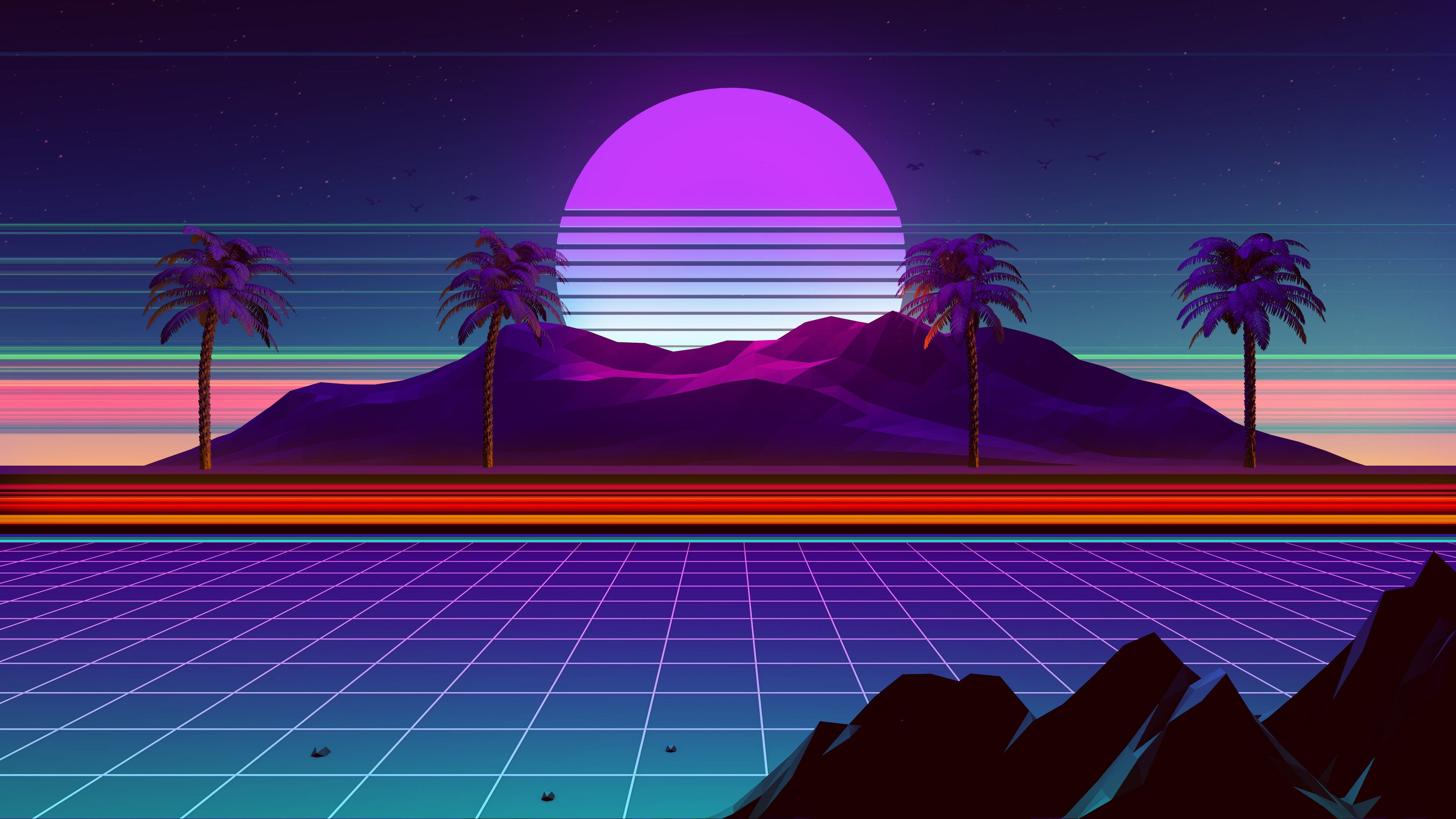 General 3840x2160 artwork illustration landscape nature trees lines neon lights retrowave synthwave vaporwave summer mountains colorful glowing Sun sun rays sunset 1980s sky skyscape