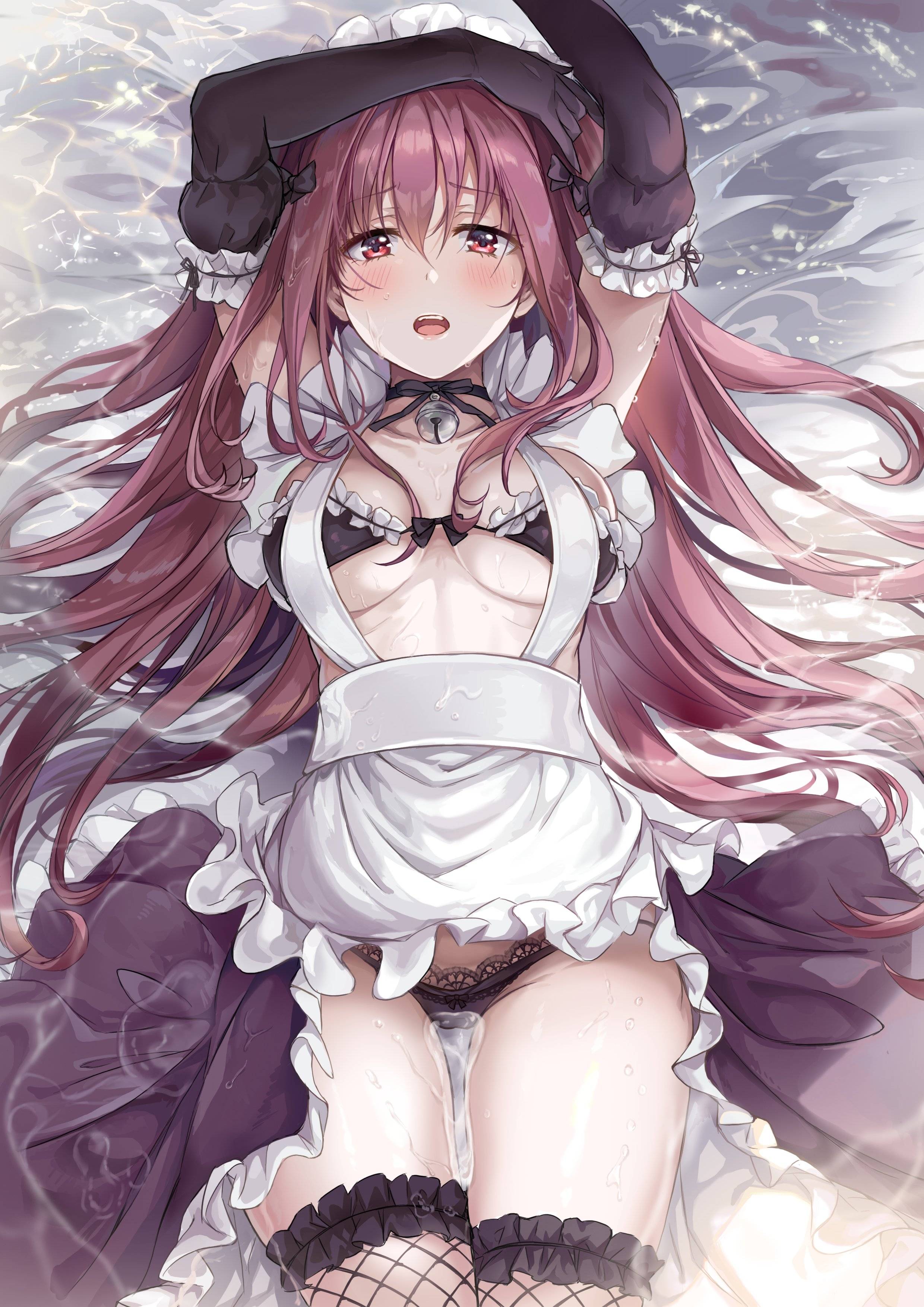 Anime 2480x3508 Fate series anime girls artwork portrait Fate/Grand Order Scathach Mychristian2 maid outfit maid bikini fishnet stockings lying on back water purple hair red eyes blushing